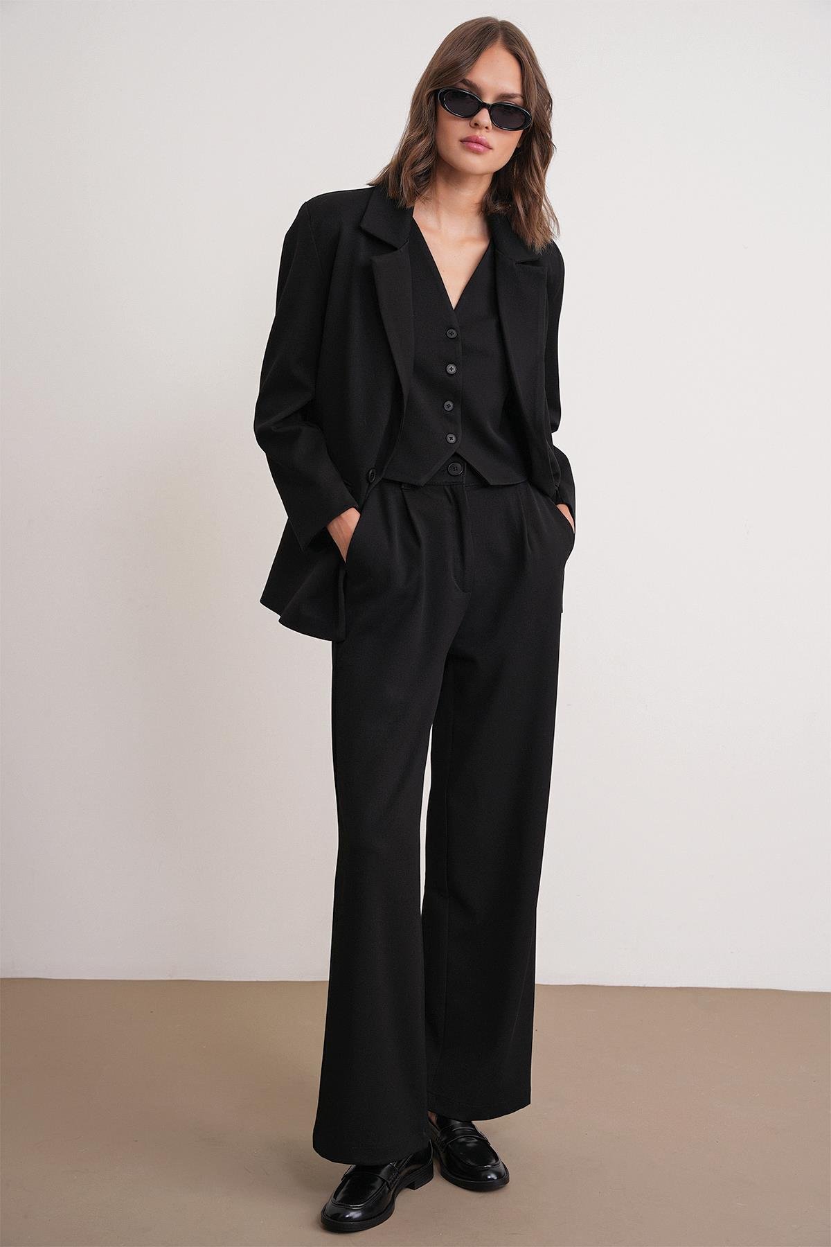 4744 Kadın Düğmeli Palazzo Pantolon Siyah