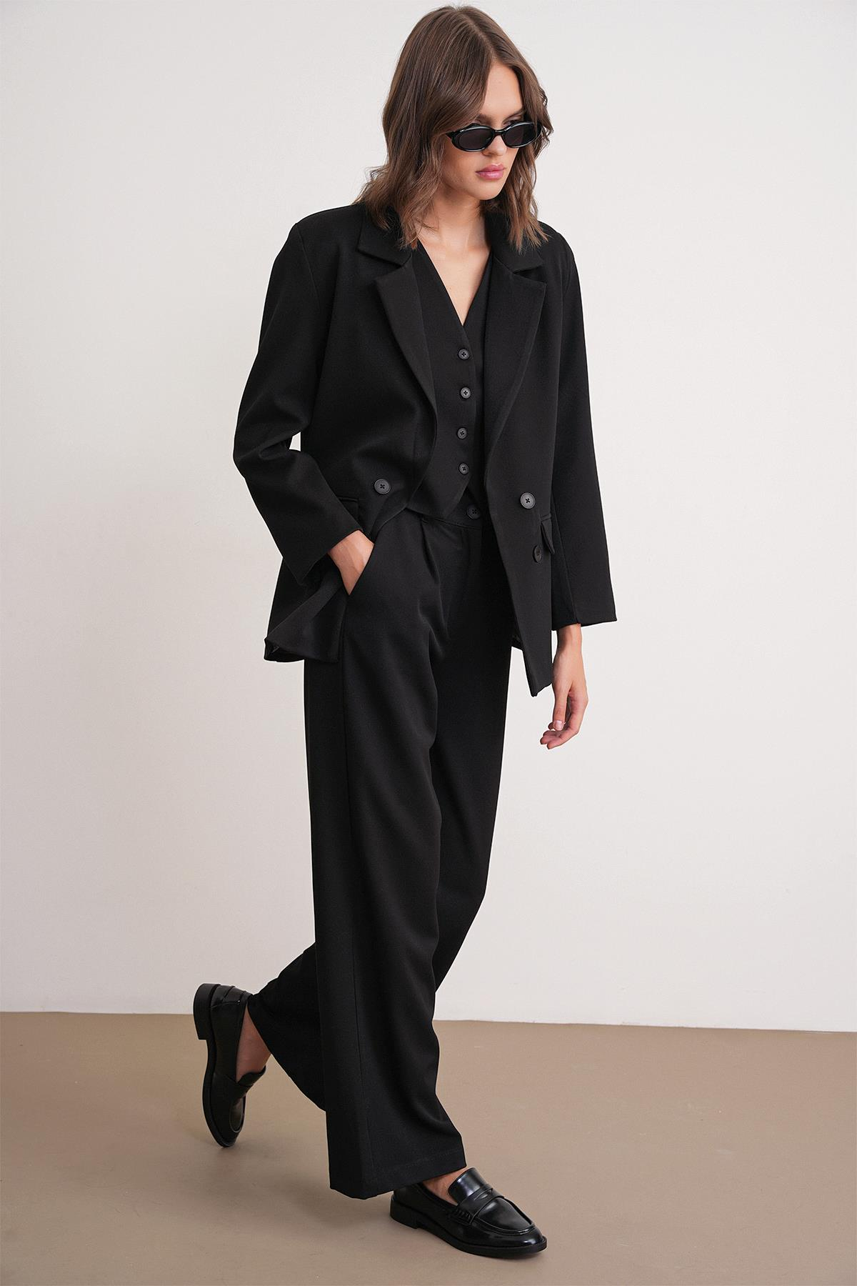 4744 Kadın Düğmeli Palazzo Pantolon Siyah