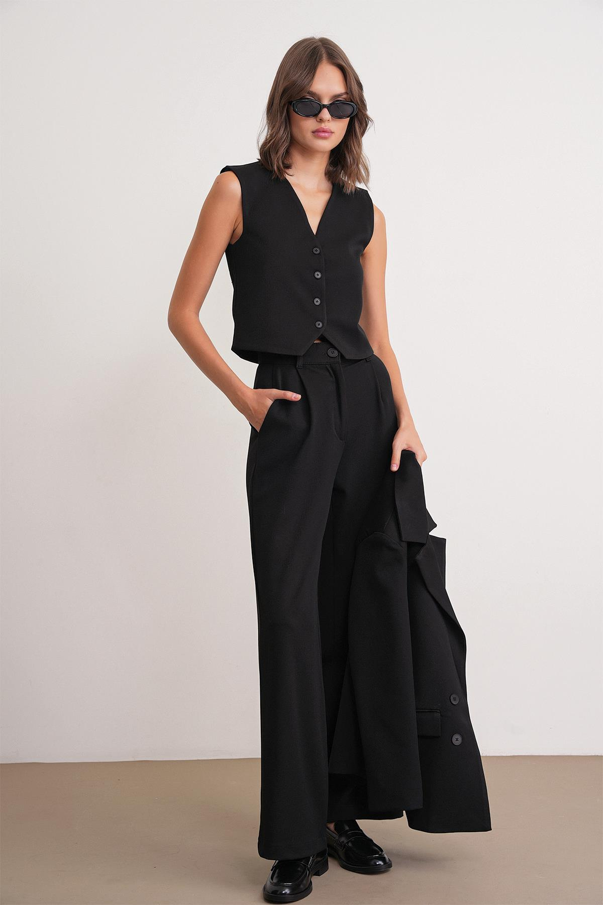 4744 Kadın Düğmeli Palazzo Pantolon Siyah