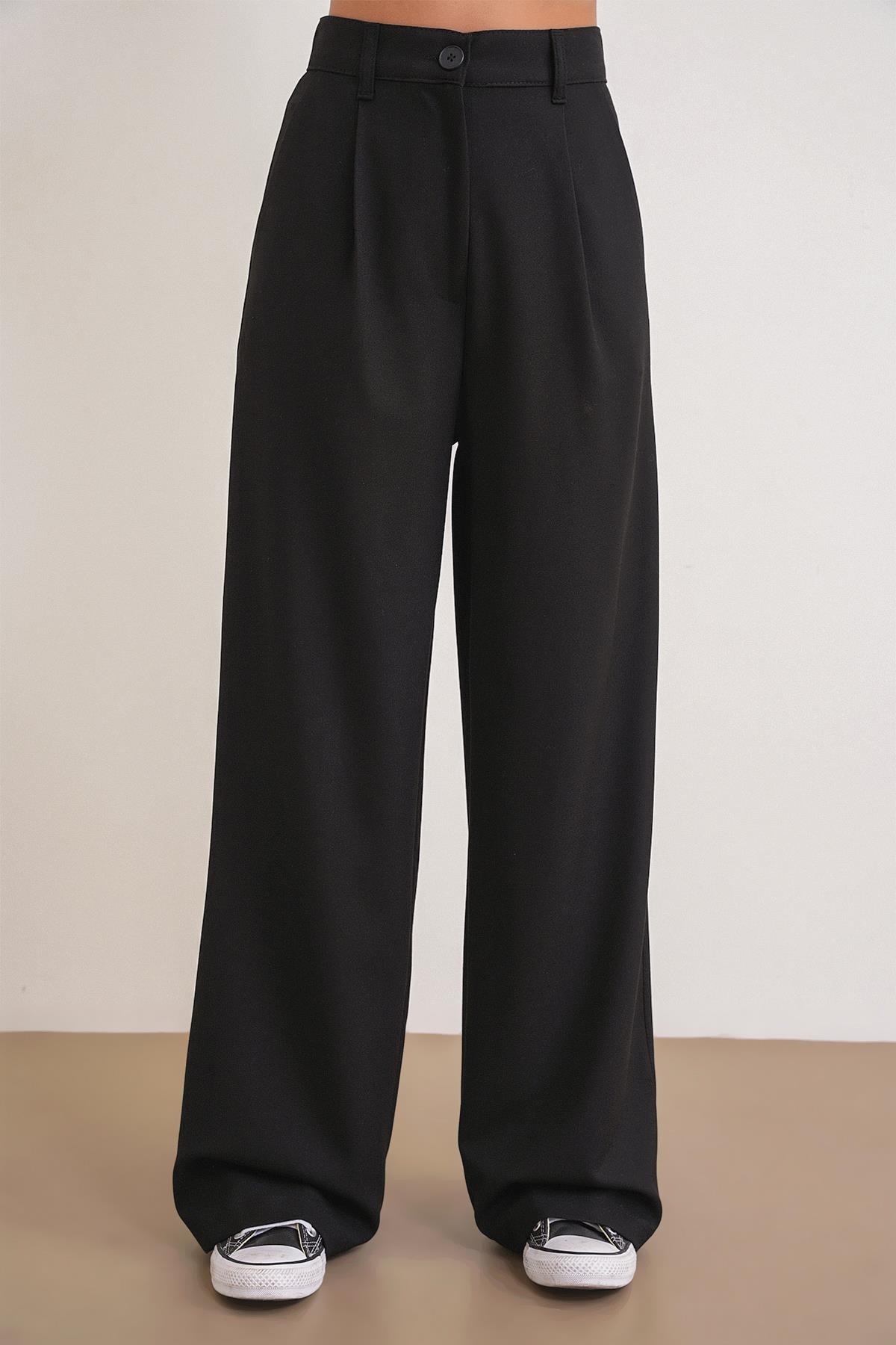 4747 Kadın Cepli Geniş Paça Dökümlü Palazzo Pantolon Siyah
