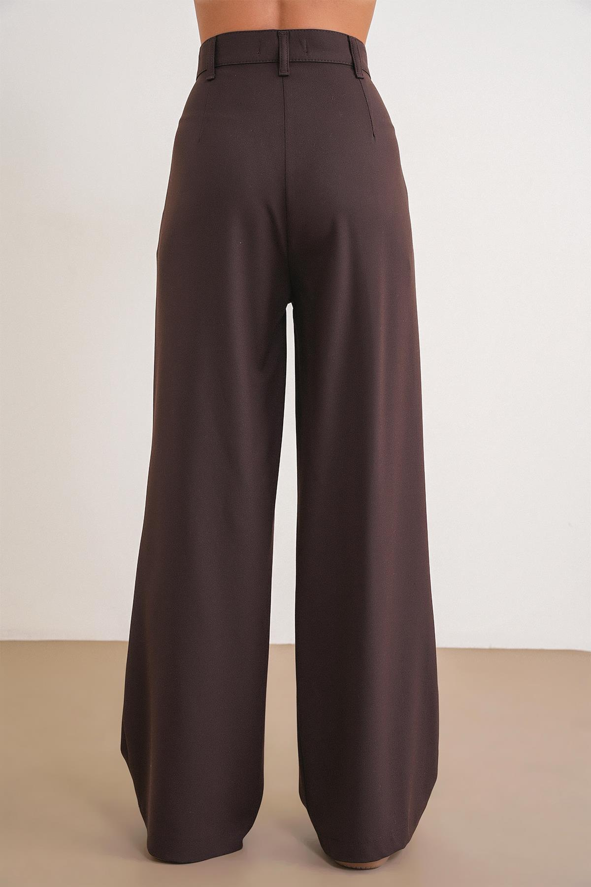 4747 Kadın Cepli Geniş Paça Dökümlü Palazzo Pantolon Kahve