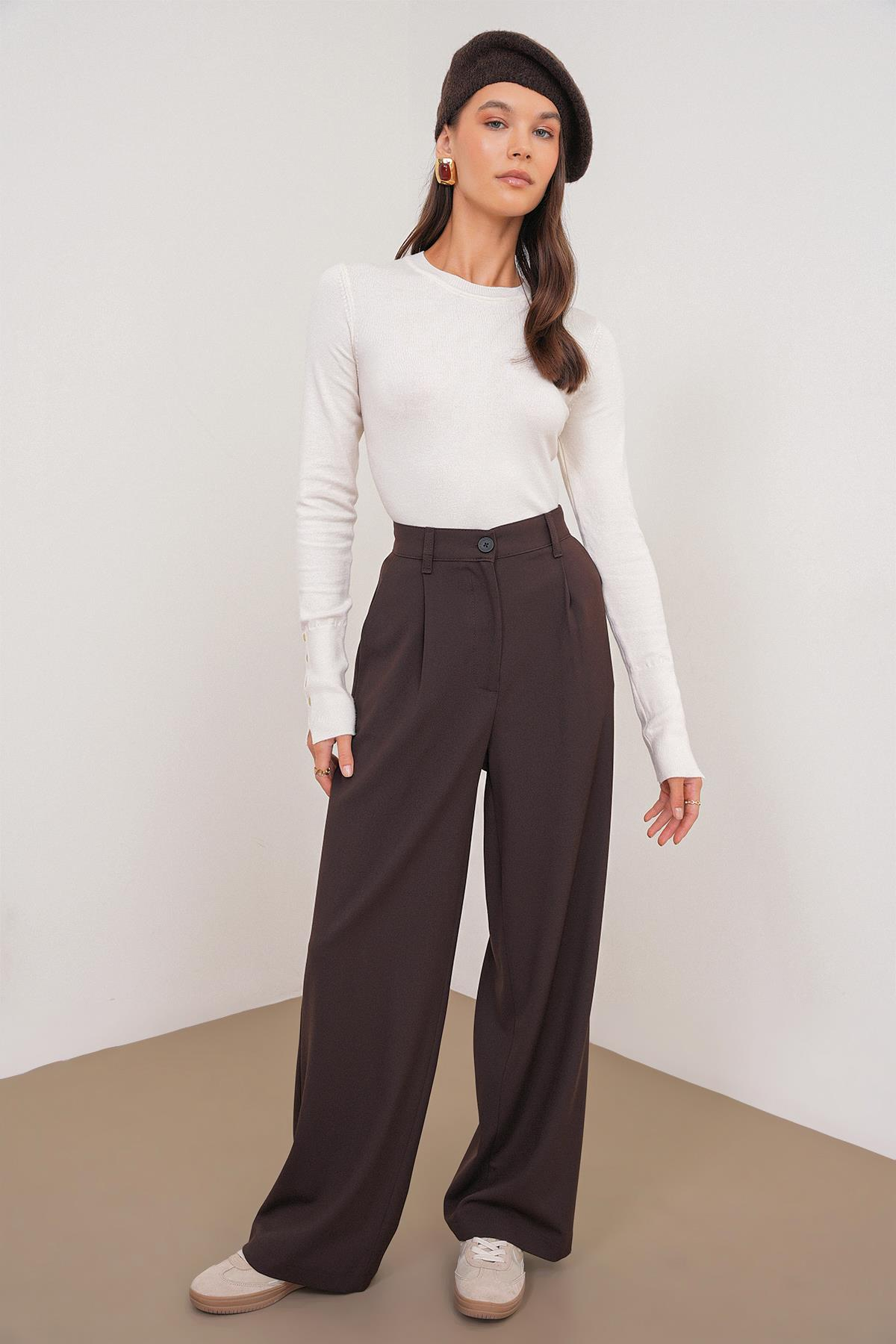 4747 Kadın Cepli Geniş Paça Dökümlü Palazzo Pantolon Kahve