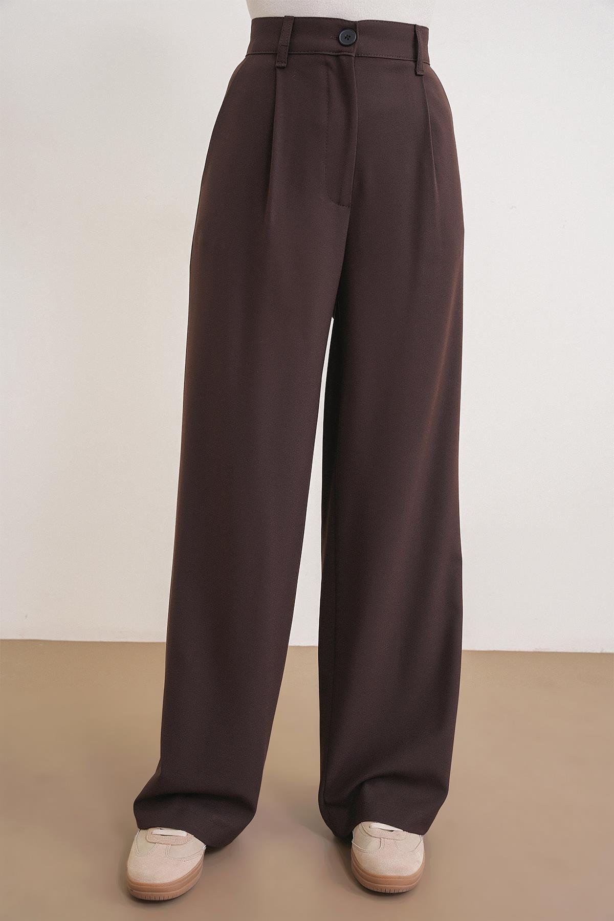 4747 Kadın Cepli Geniş Paça Dökümlü Palazzo Pantolon Kahve