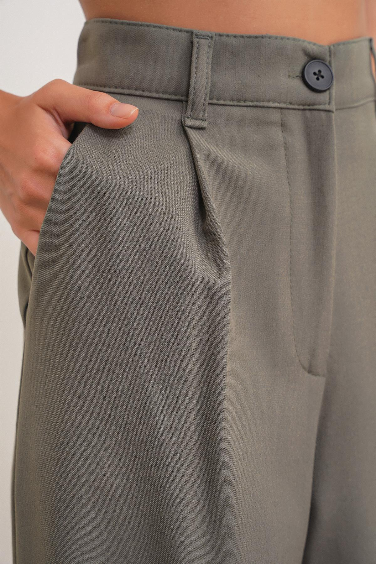 4747 Kadın Cepli Geniş Paça Dökümlü Palazzo Pantolon Haki