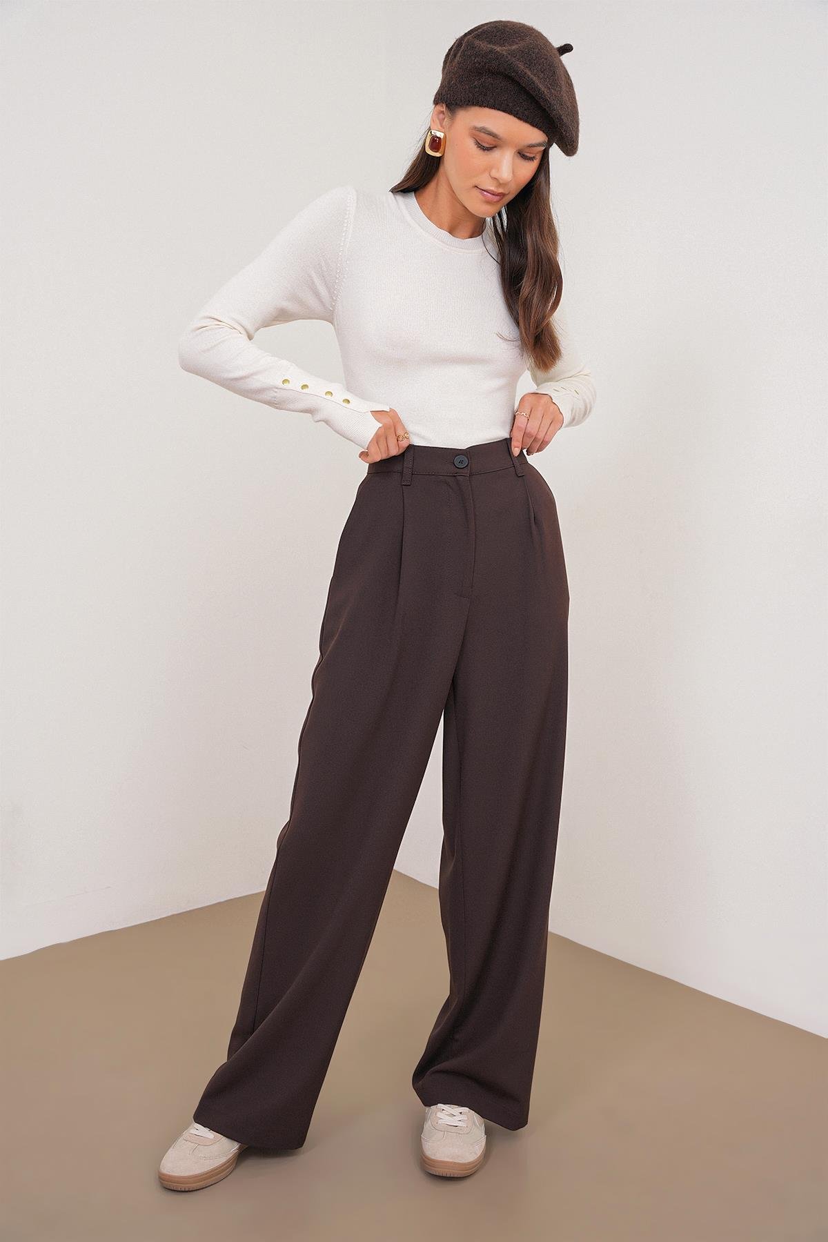 4747 Kadın Cepli Geniş Paça Dökümlü Palazzo Pantolon Kahve