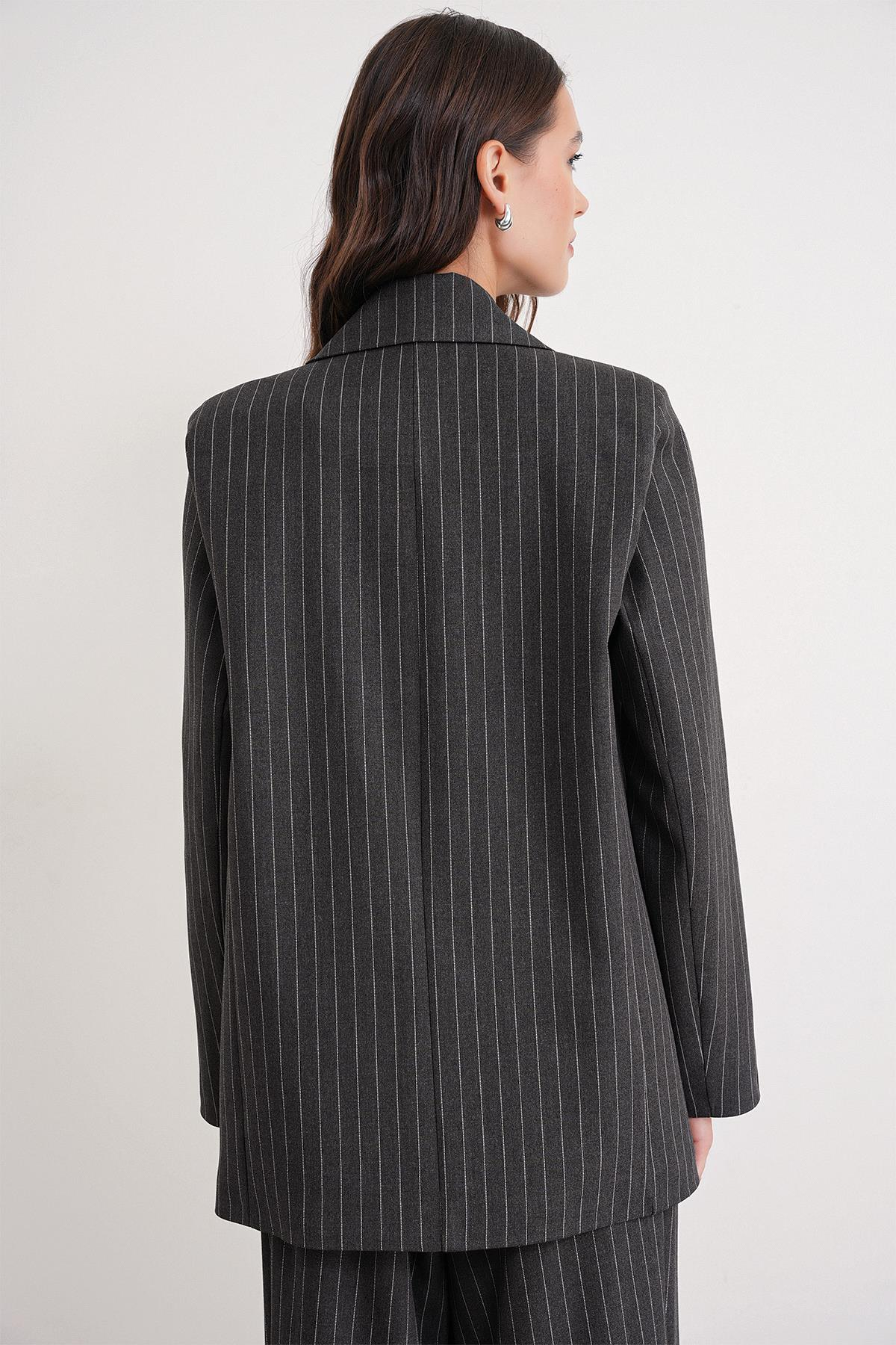 4753 Kadın Çizgili Oversize Blazer Ceket Antrasit