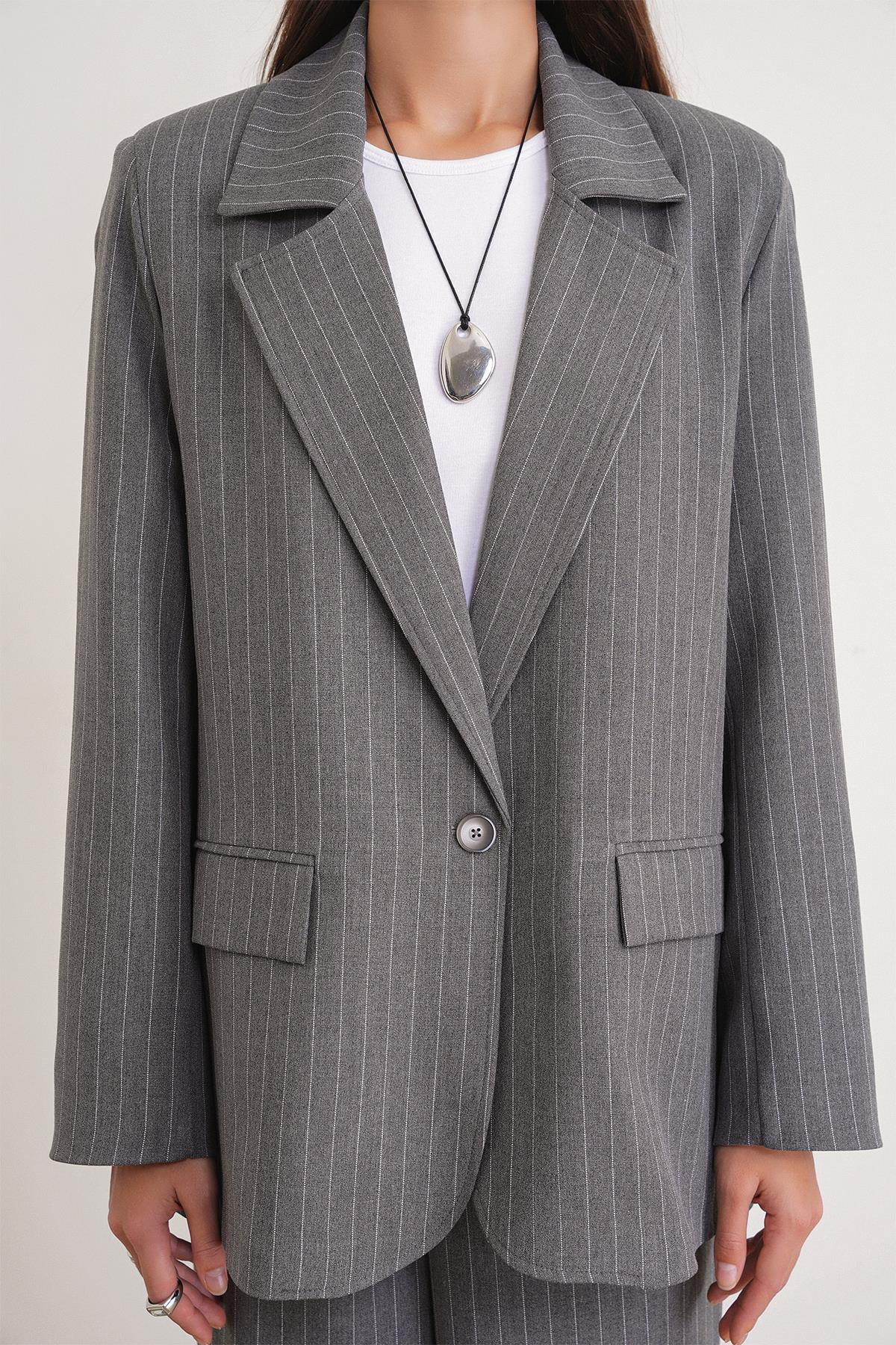 4753 Kadın Çizgili Oversize Blazer Ceket Gri
