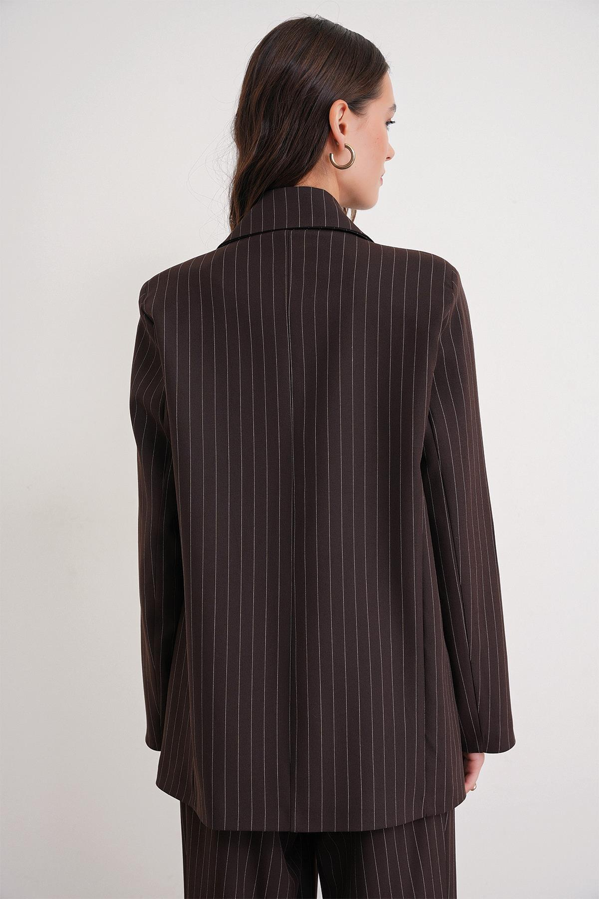 4753 Kadın Çizgili Oversize Blazer Ceket Kahve