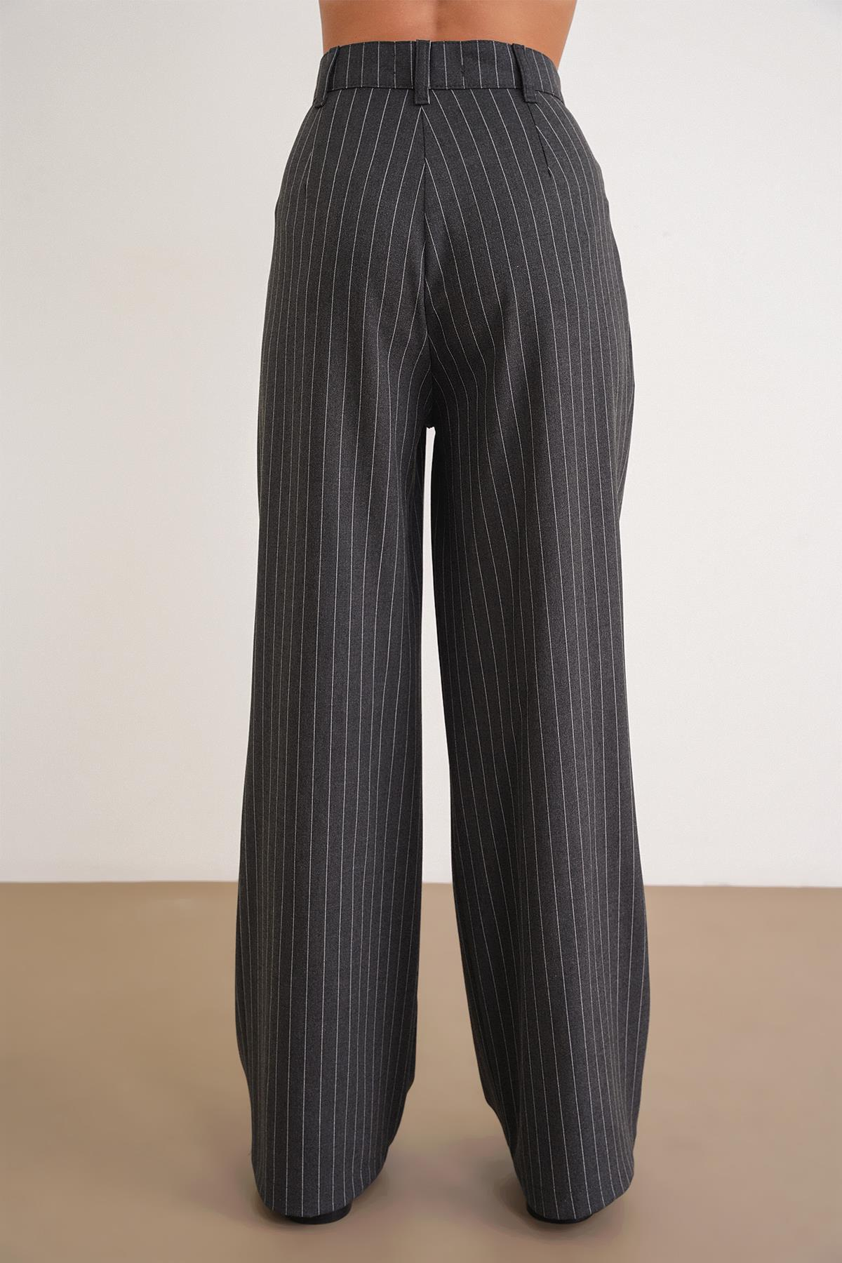 4754 Kadın Çizgili Çapraz Bel Pantolon Antrasit