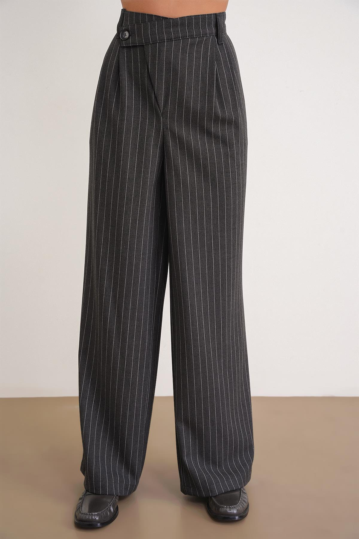 4754 Kadın Çizgili Çapraz Bel Pantolon Antrasit