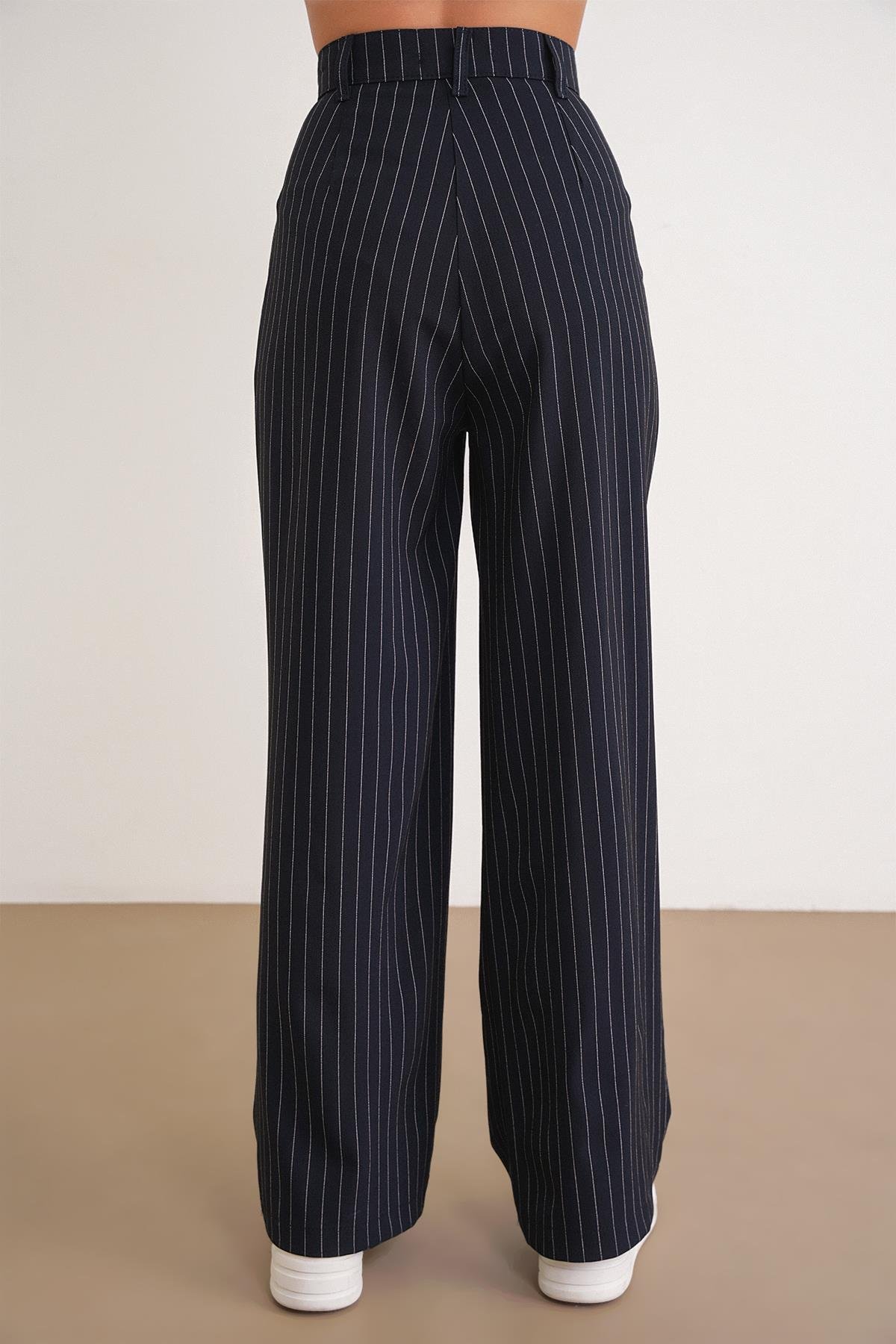 4754 Kadın Çizgili Çapraz Bel Pantolon Lacivert