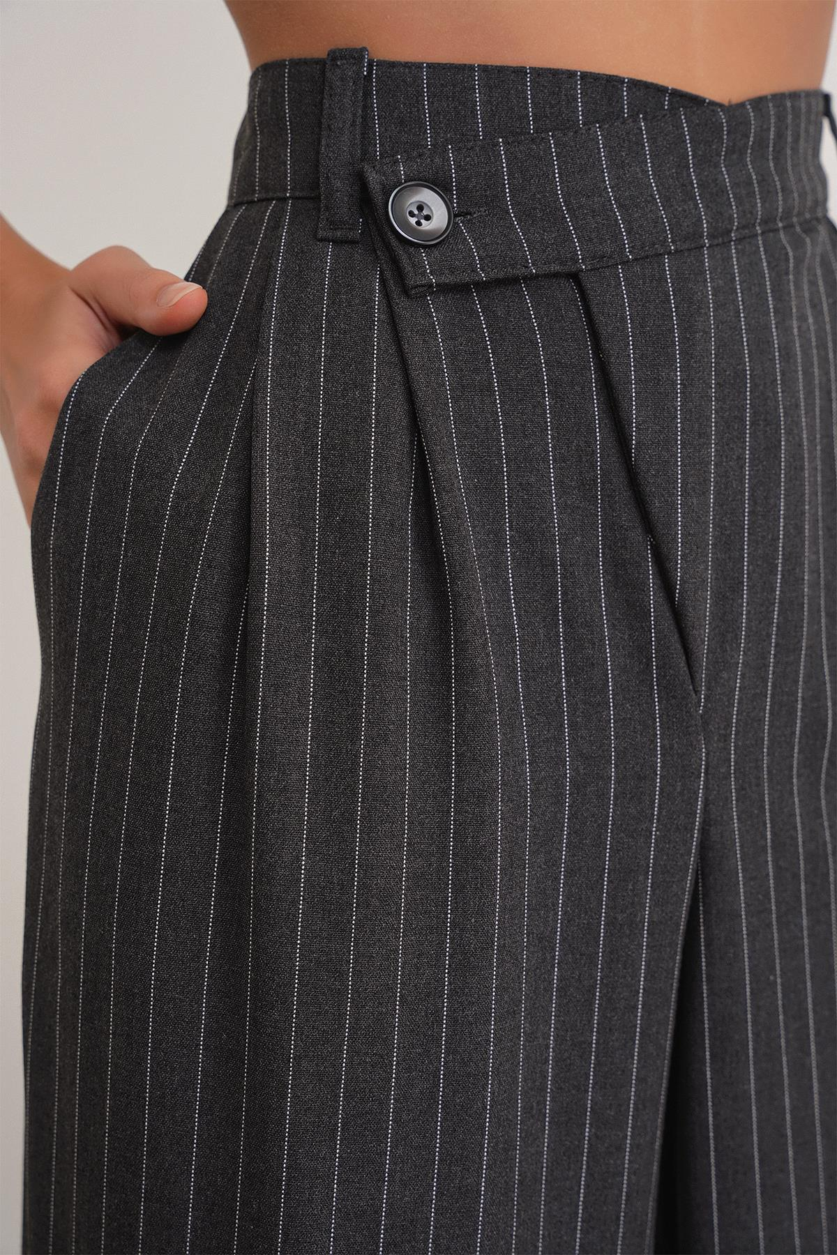 4754 Kadın Çizgili Çapraz Bel Pantolon Antrasit