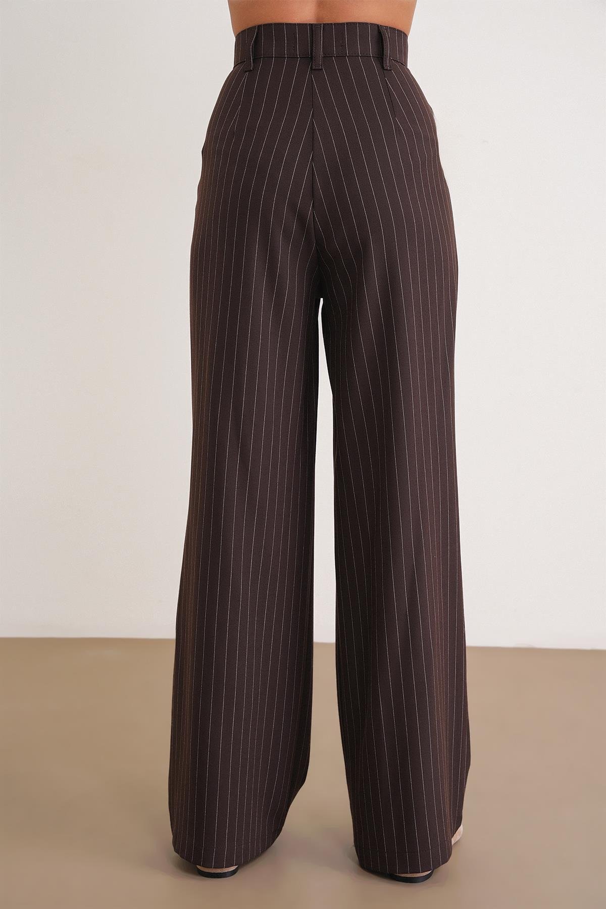 4754 Kadın Çizgili Çapraz Bel Pantolon Kahve