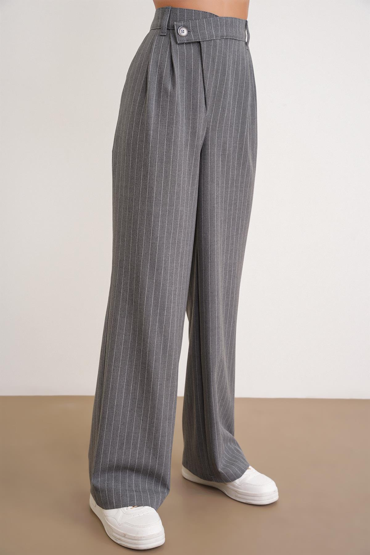 4754 Kadın Çizgili Çapraz Bel Pantolon Gri