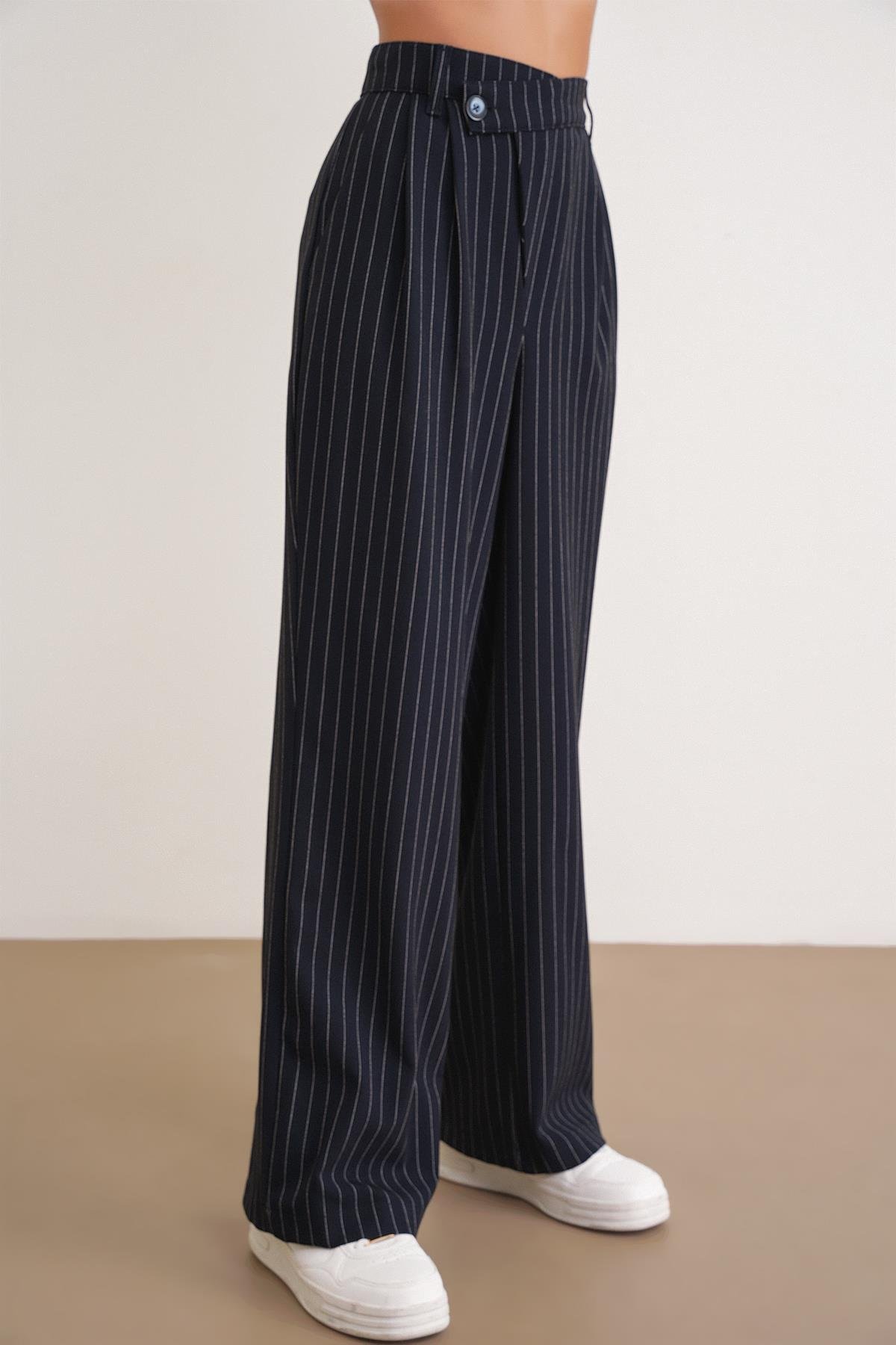 4754 Kadın Çizgili Çapraz Bel Pantolon Lacivert