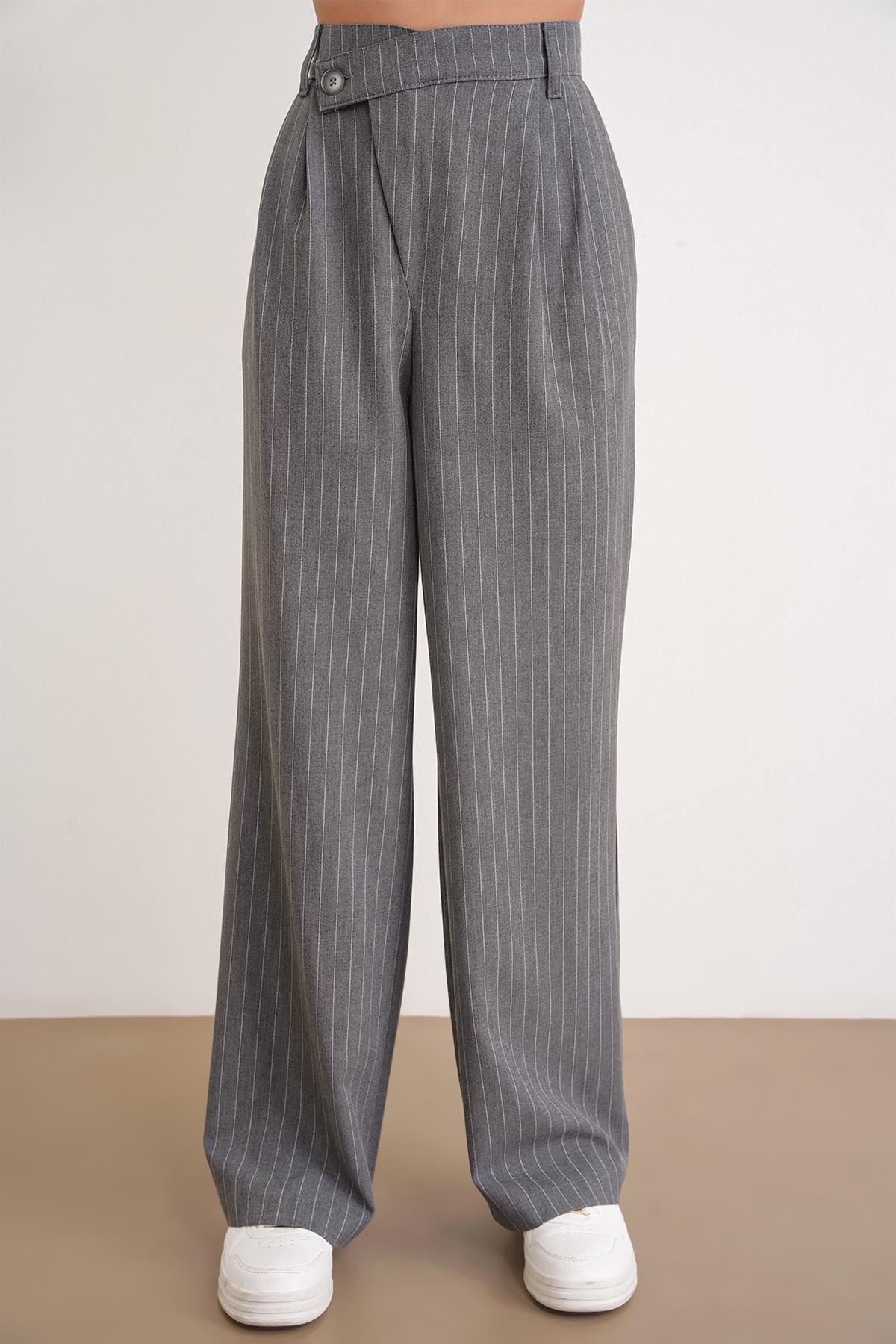 4754 Kadın Çizgili Çapraz Bel Pantolon Gri