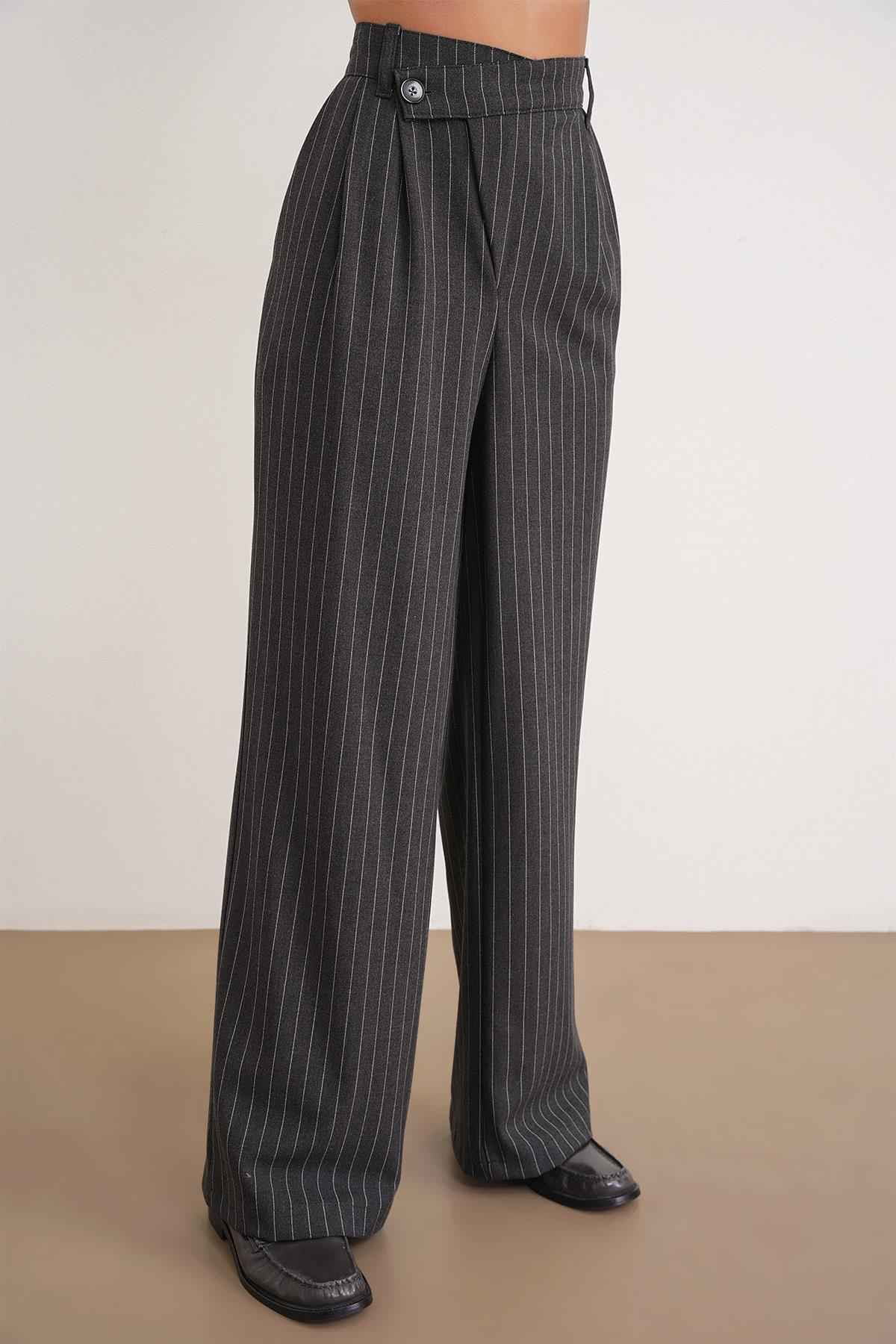 4754 Kadın Çizgili Çapraz Bel Pantolon Antrasit