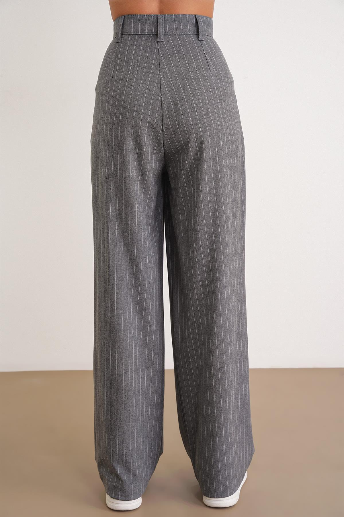 4754 Kadın Çizgili Çapraz Bel Pantolon Gri