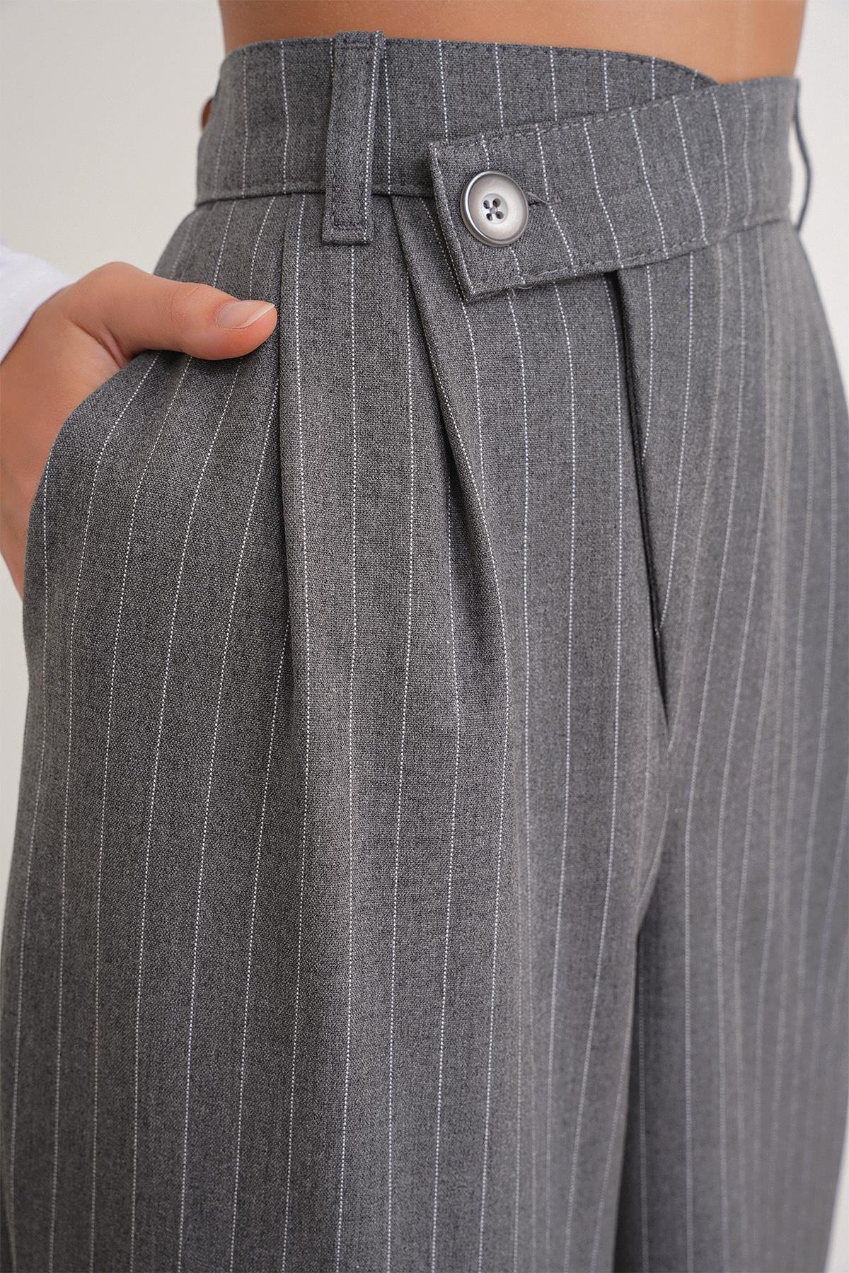 4754 Kadın Çizgili Çapraz Bel Pantolon Gri