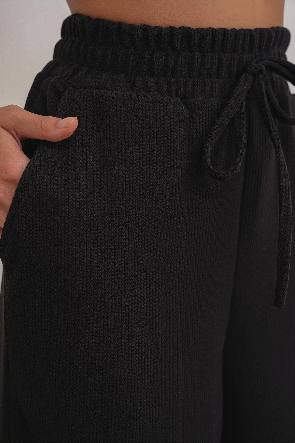4757 Kadın Lastikli Fitilli Bol Paça Örme Dökümlü Pantalon Siyah