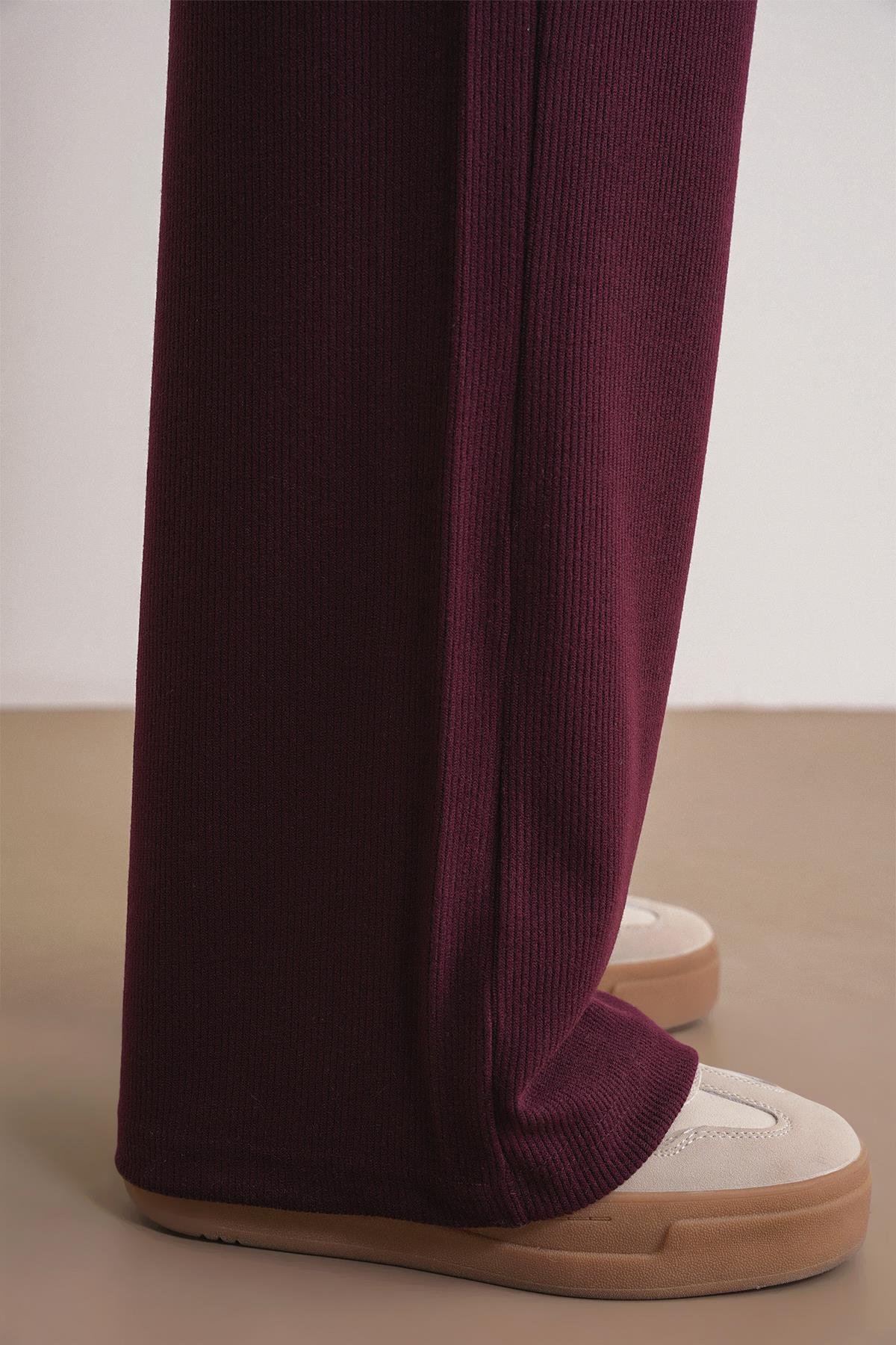 4757 Kadın Lastikli Fitilli Bol Paça Örme Dökümlü Pantalon Mürdüm