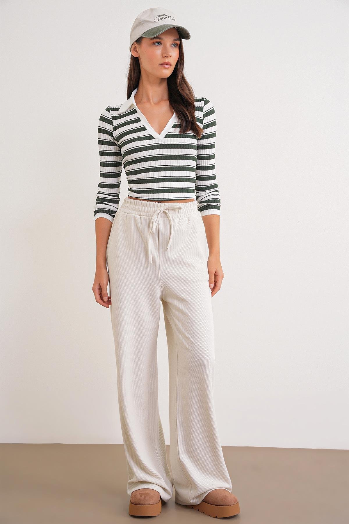 4757 Kadın Lastikli Fitilli Bol Paça Örme Dökümlü Pantalon Taş