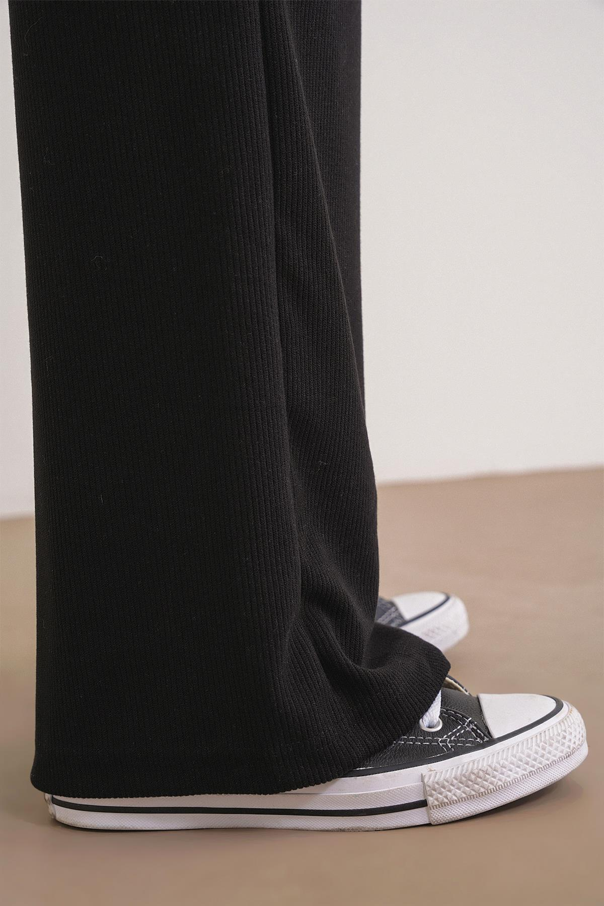 4757 Kadın Lastikli Fitilli Bol Paça Örme Dökümlü Pantalon Siyah