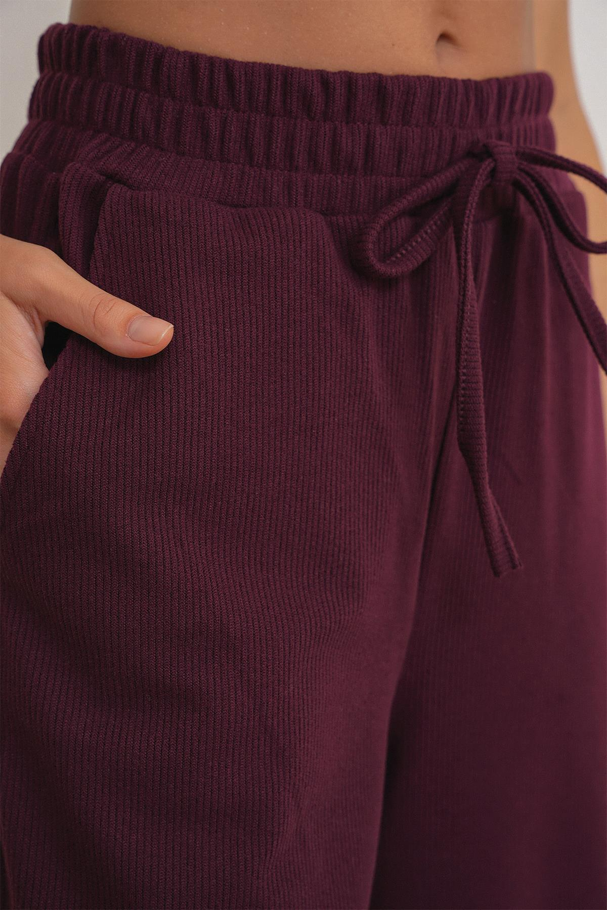 4757 Kadın Lastikli Fitilli Bol Paça Örme Dökümlü Pantalon Mürdüm