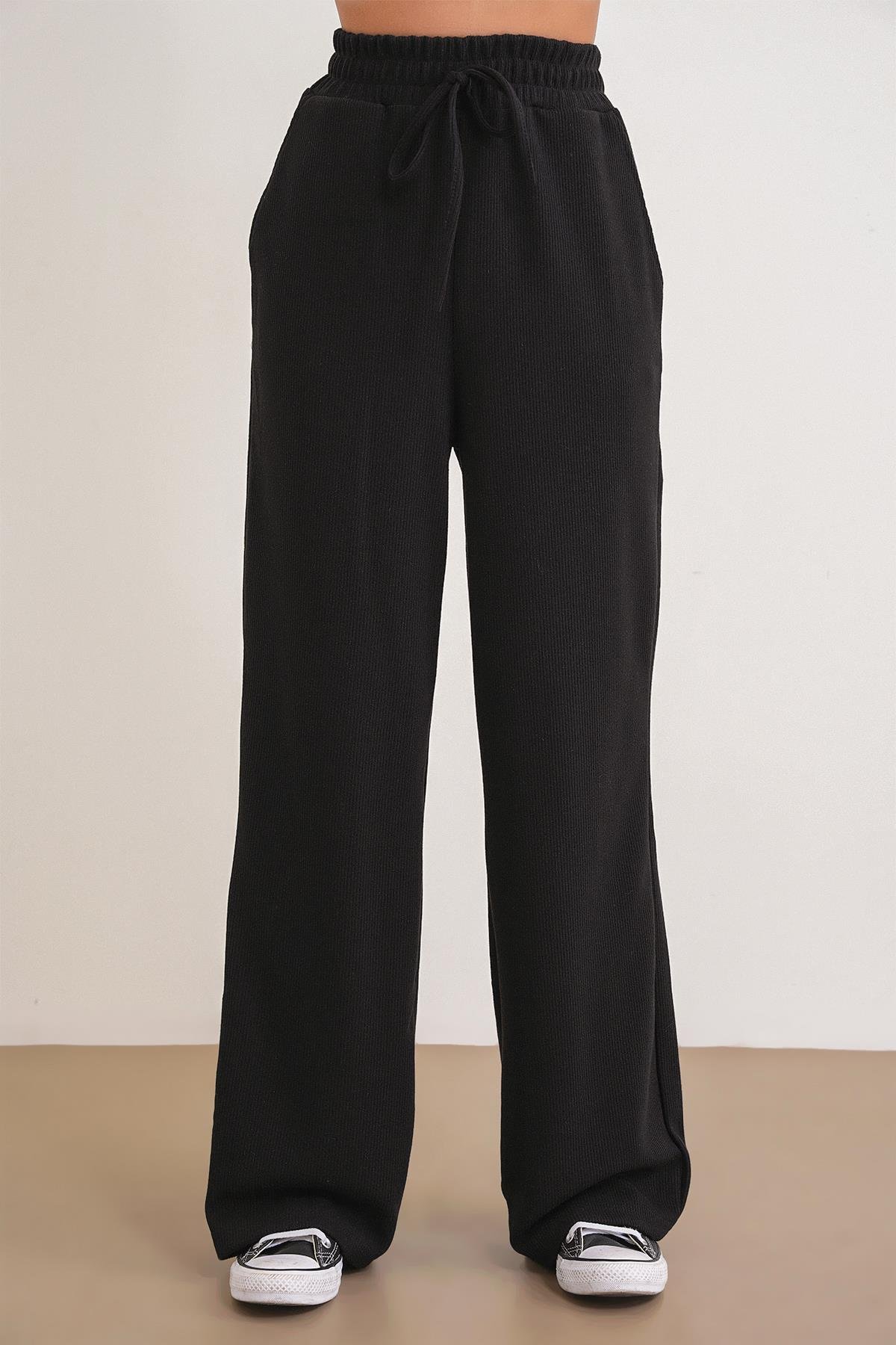 4757 Kadın Lastikli Fitilli Bol Paça Örme Dökümlü Pantalon Siyah