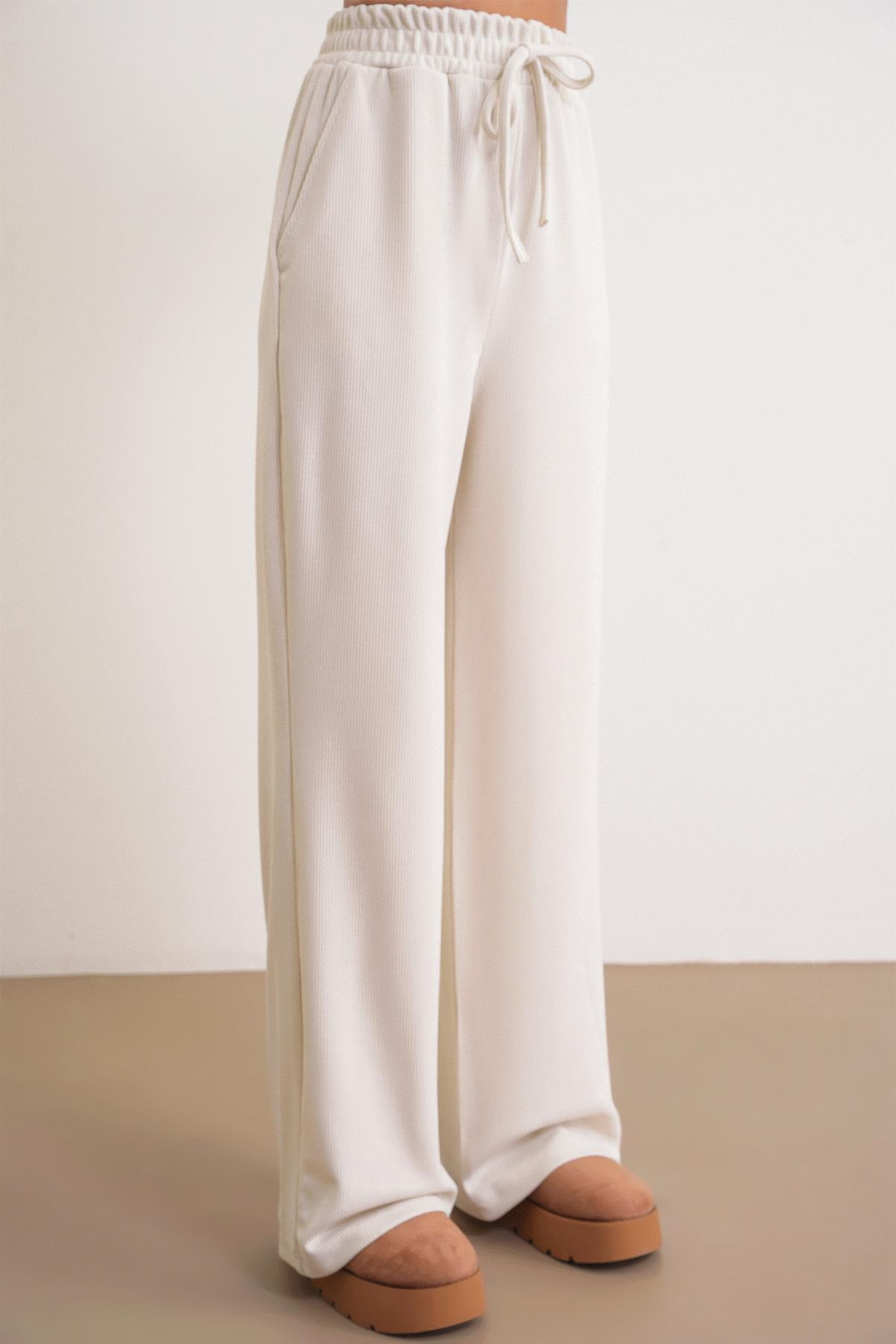 4757 Kadın Lastikli Fitilli Bol Paça Örme Dökümlü Pantalon Taş