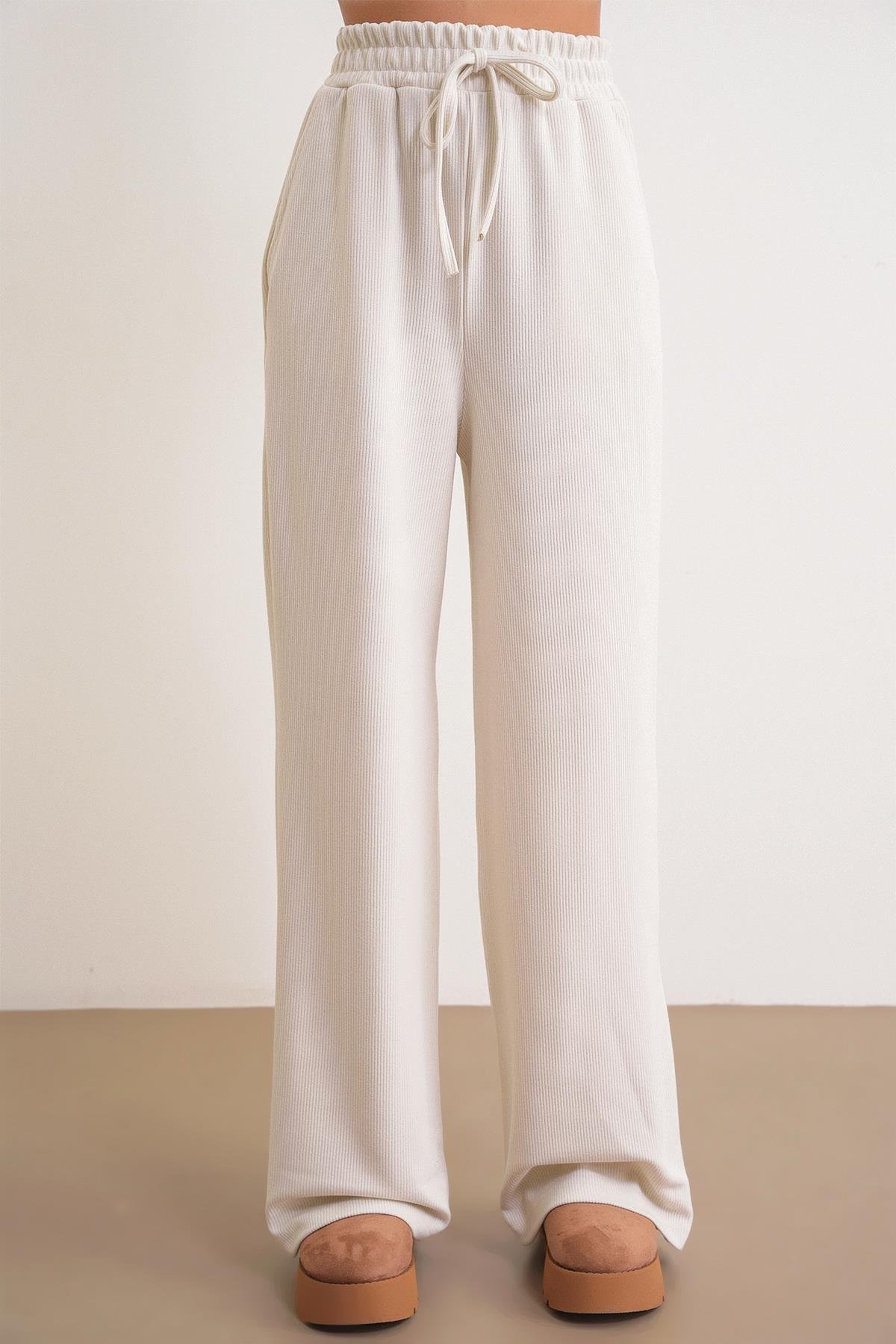 4757 Kadın Lastikli Fitilli Bol Paça Örme Dökümlü Pantalon Taş