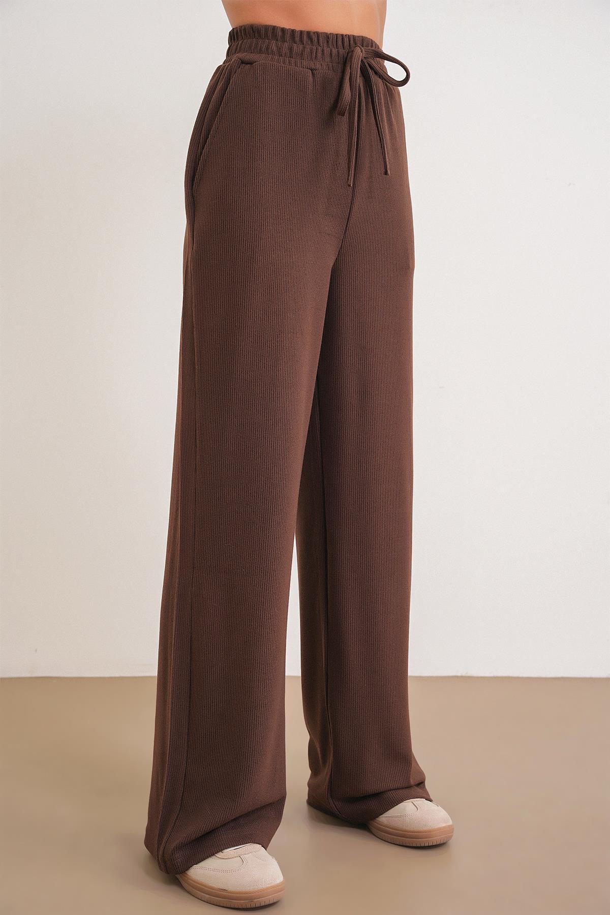 4757 Kadın Lastikli Fitilli Bol Paça Örme Dökümlü Pantalon Kahve
