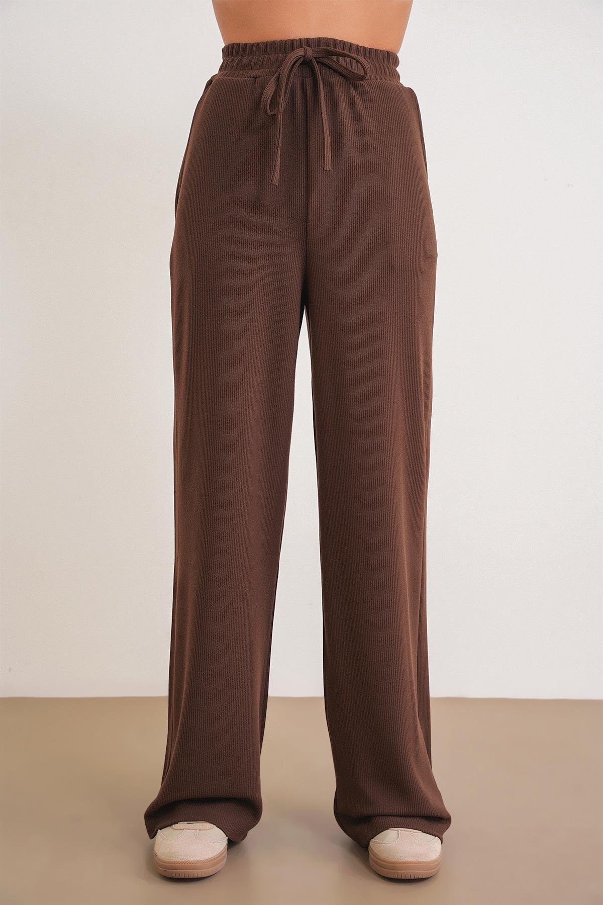 4757 Kadın Lastikli Fitilli Bol Paça Örme Dökümlü Pantalon Kahve