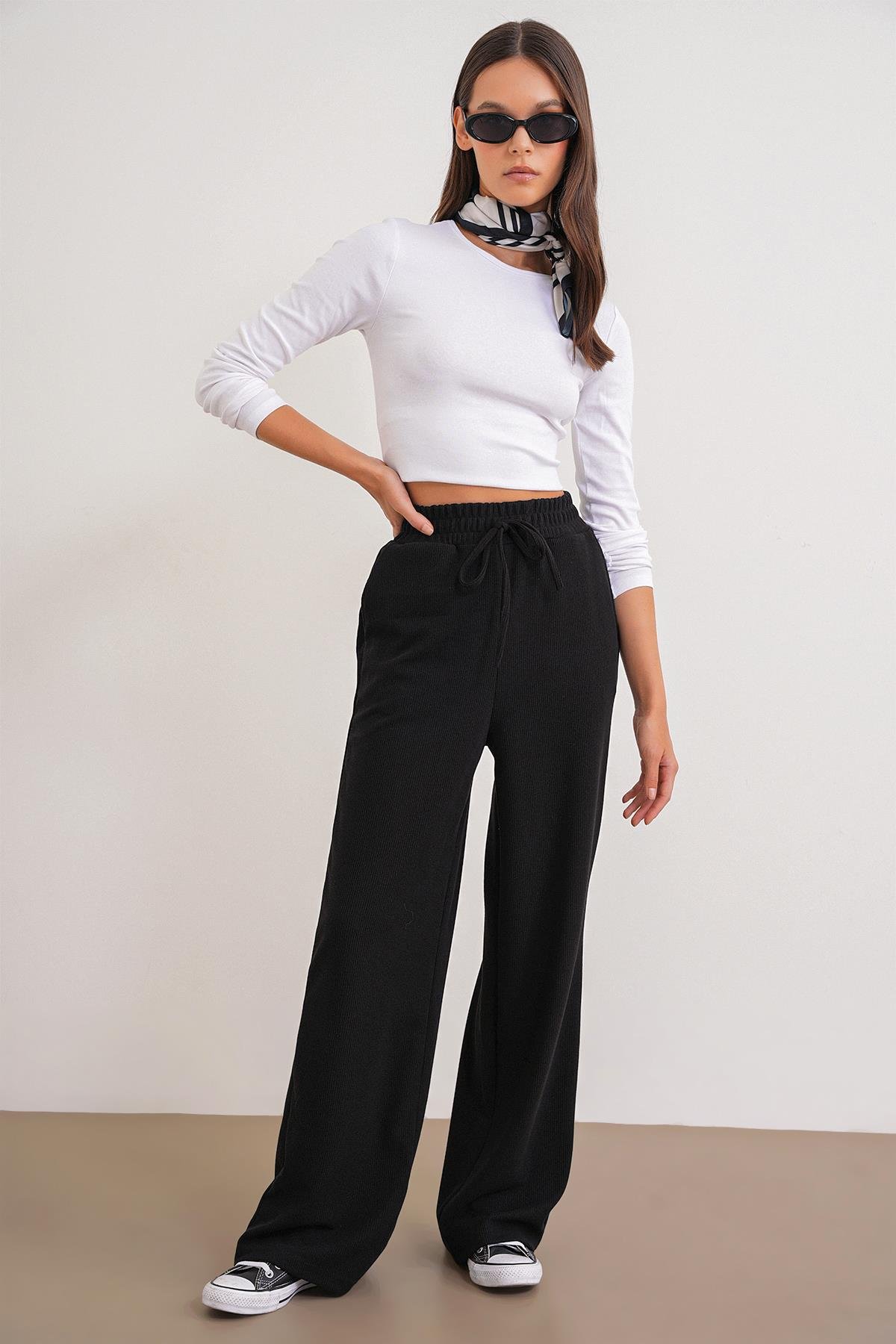 4757 Kadın Lastikli Fitilli Bol Paça Örme Dökümlü Pantalon Siyah