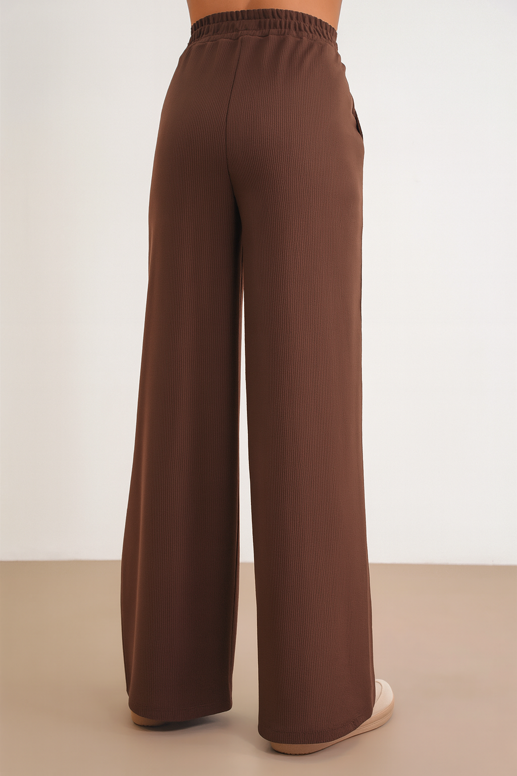 4757 Kadın Lastikli Fitilli Bol Paça Örme Dökümlü Pantalon Kahve