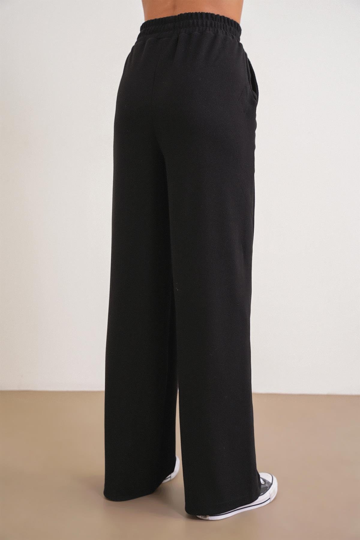 4757 Kadın Lastikli Fitilli Bol Paça Örme Dökümlü Pantalon Siyah