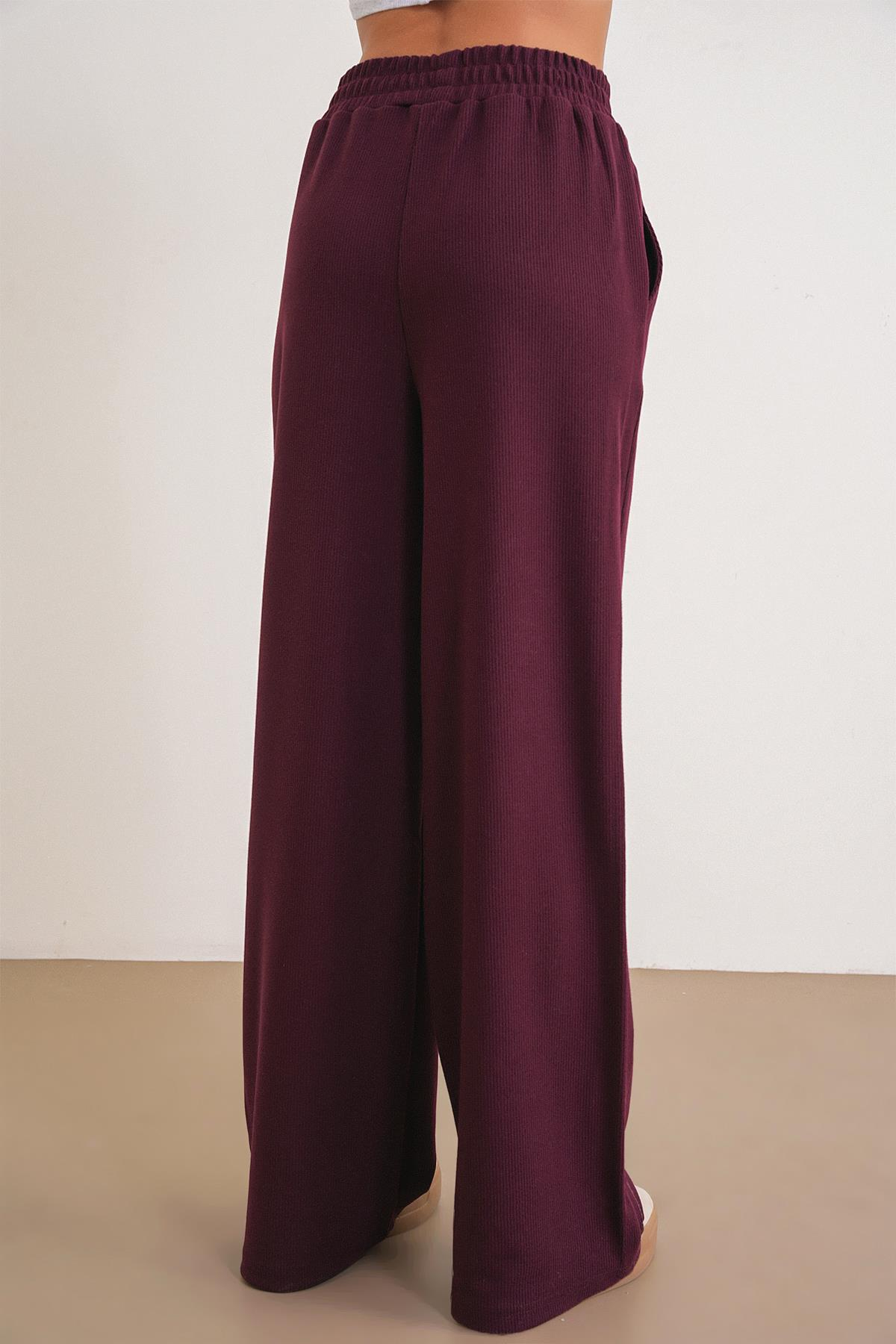 4757 Kadın Lastikli Fitilli Bol Paça Örme Dökümlü Pantalon Mürdüm
