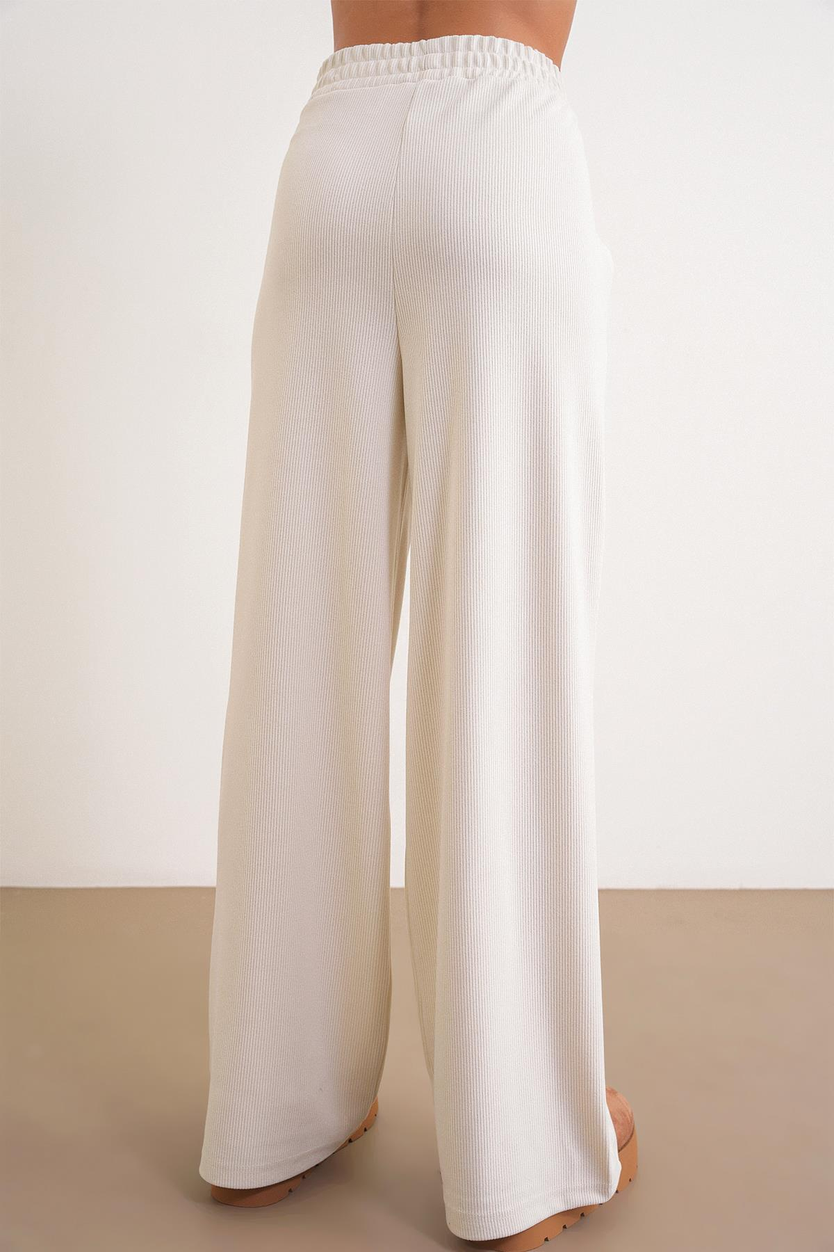 4757 Kadın Lastikli Fitilli Bol Paça Örme Dökümlü Pantalon Taş