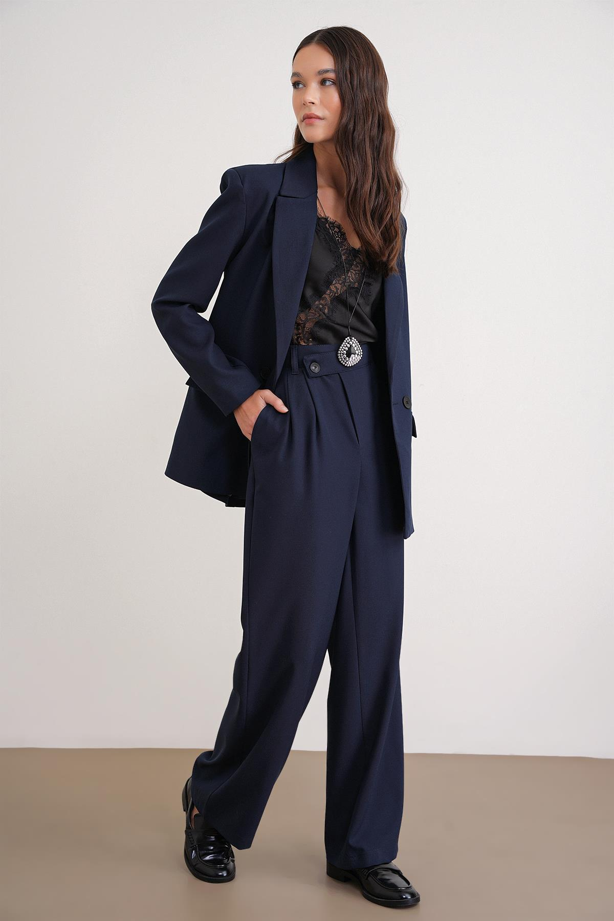 4759 Kadın Çapraz Bel Dökümlü Bol Paça Palazzo Pantolon Lacivert