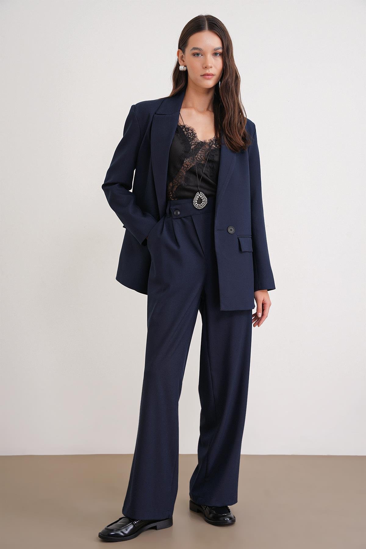 4759 Kadın Çapraz Bel Dökümlü Bol Paça Palazzo Pantolon Lacivert