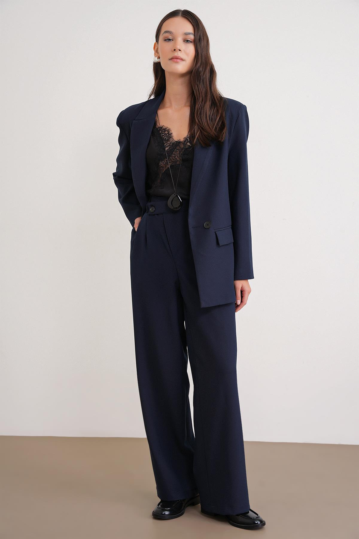 4759 Kadın Çapraz Bel Dökümlü Bol Paça Palazzo Pantolon Lacivert