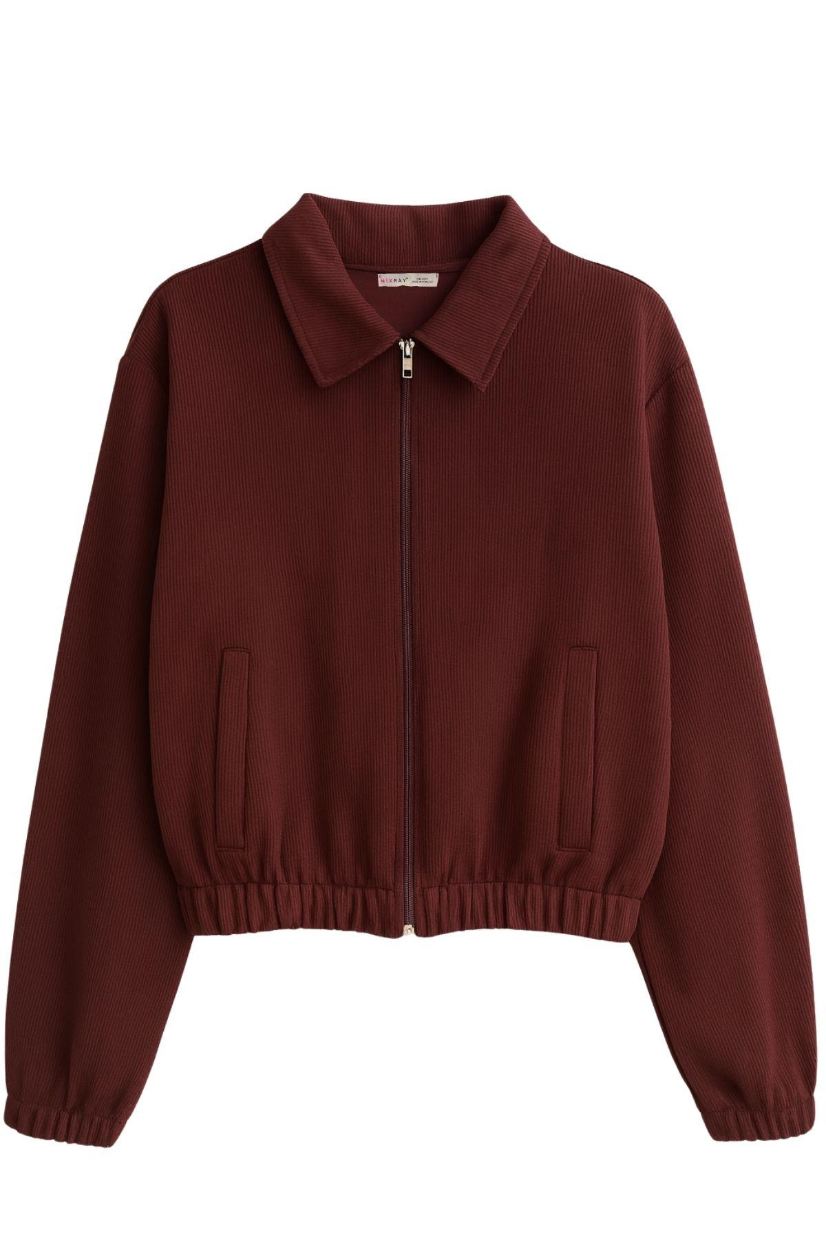 4764 Kadın Basic Fermuarlı Fitilli Örme Ceket Mürdüm