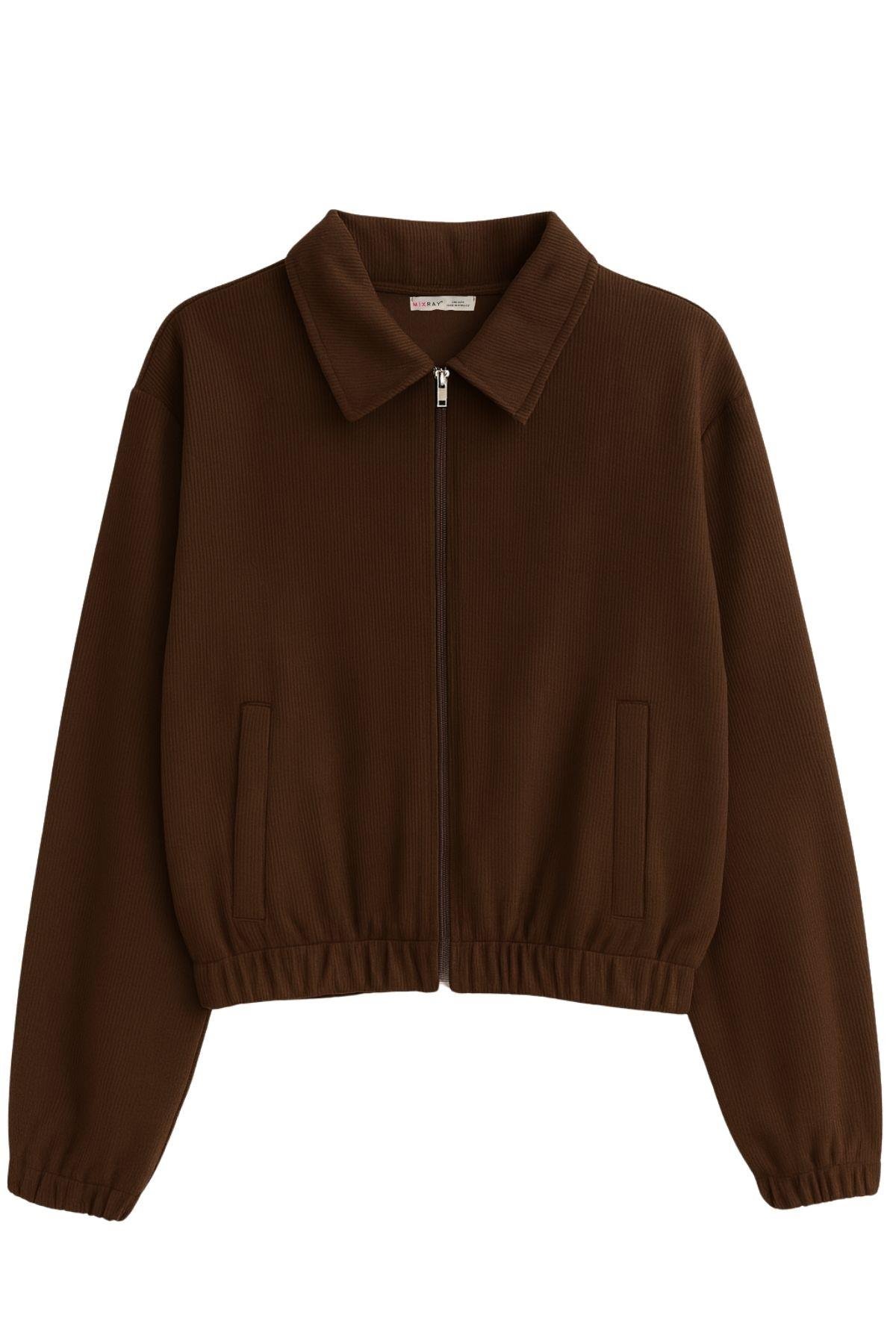 4764 Kadın Basic Fermuarlı Fitilli Örme Ceket Kahve