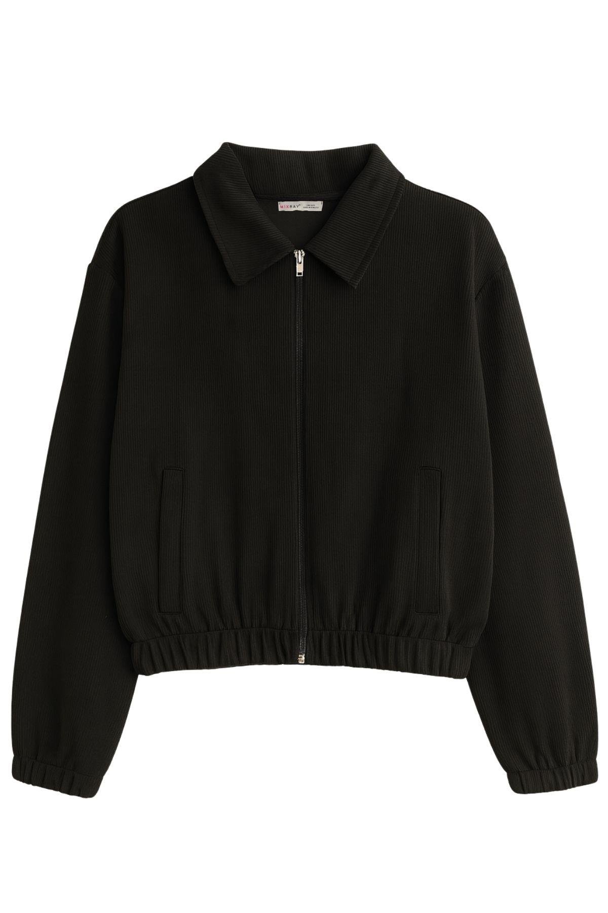 4764 Kadın Basic Fermuarlı Fitilli Örme Ceket Siyah