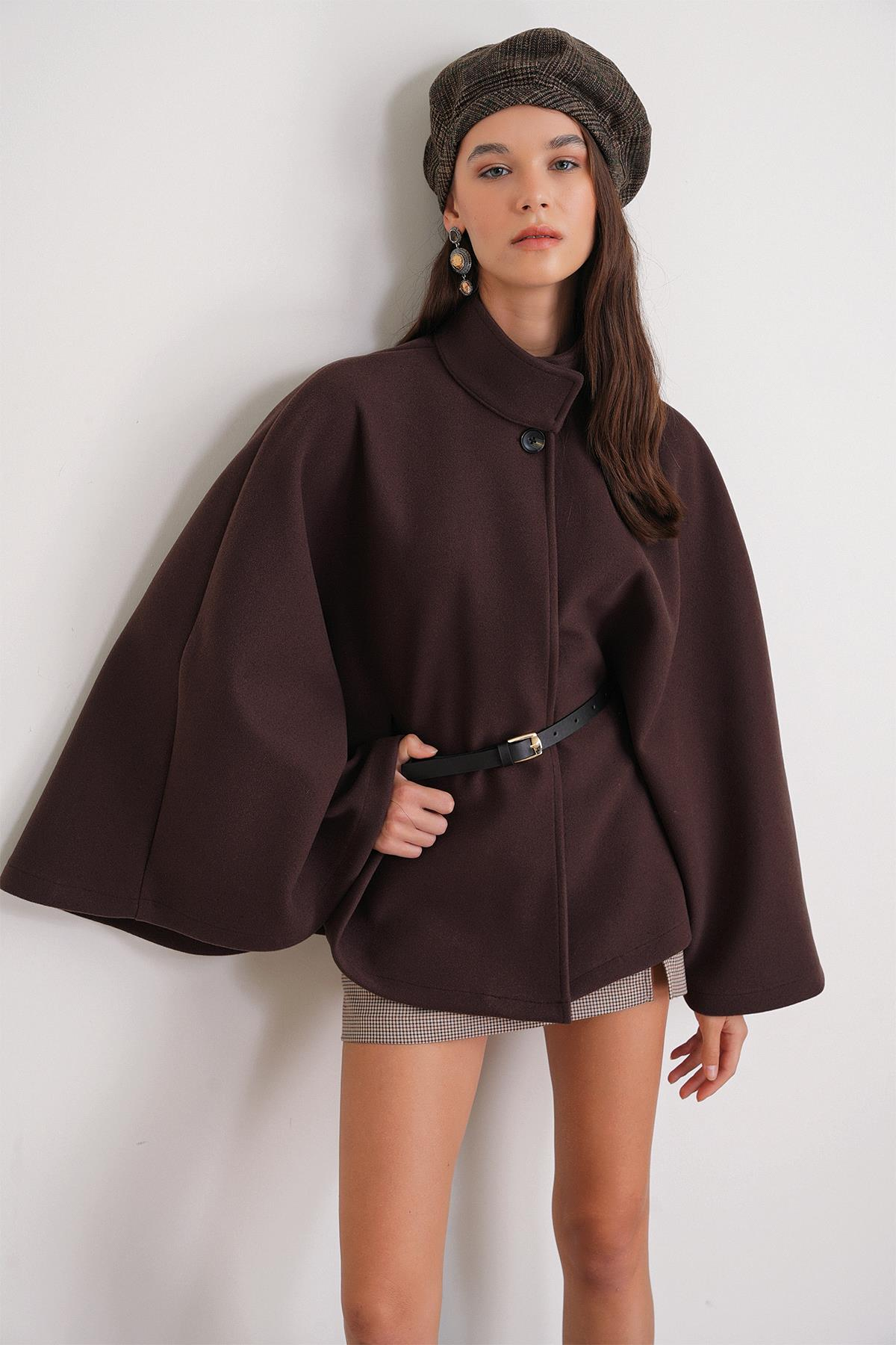 4768 Kadın Kemerli Panço Premium Kaşe Ceket Kahve