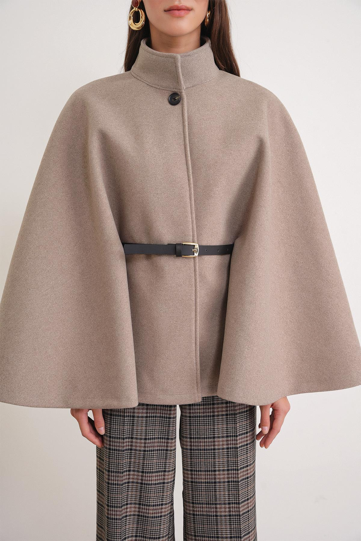 4768 Kadın Kemerli Panço Premium Kaşe Ceket Vizon