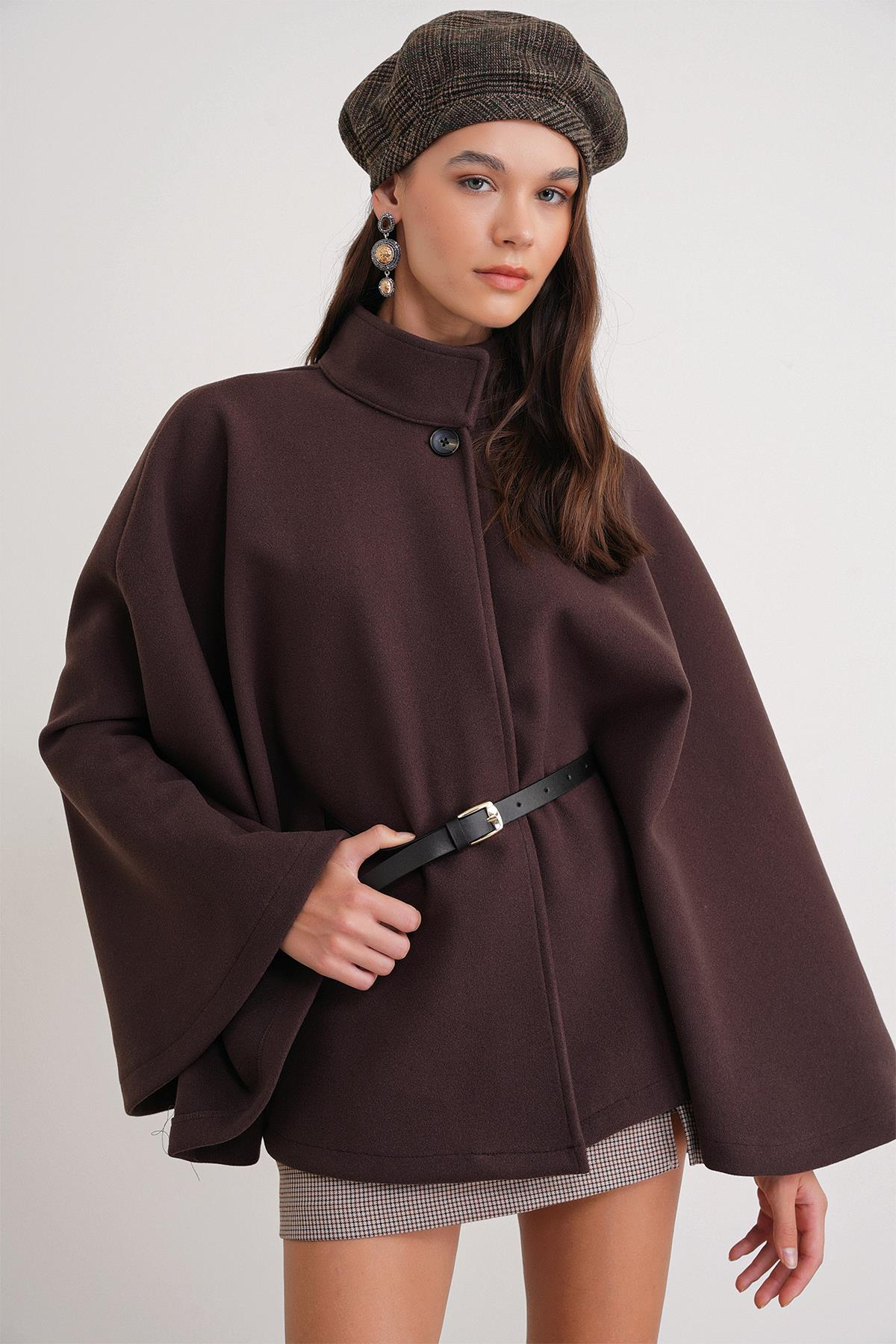 4768 Kadın Kemerli Panço Premium Kaşe Ceket Kahve