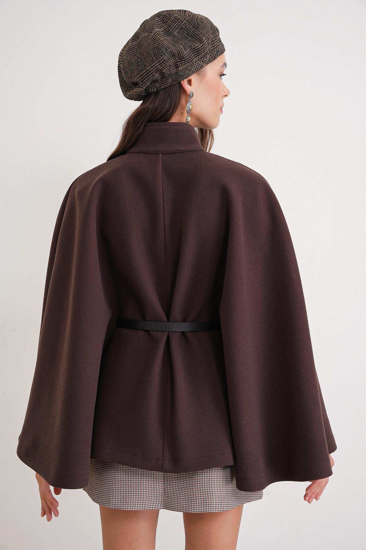 4768 Kadın Kemerli Panço Premium Kaşe Ceket Kahve