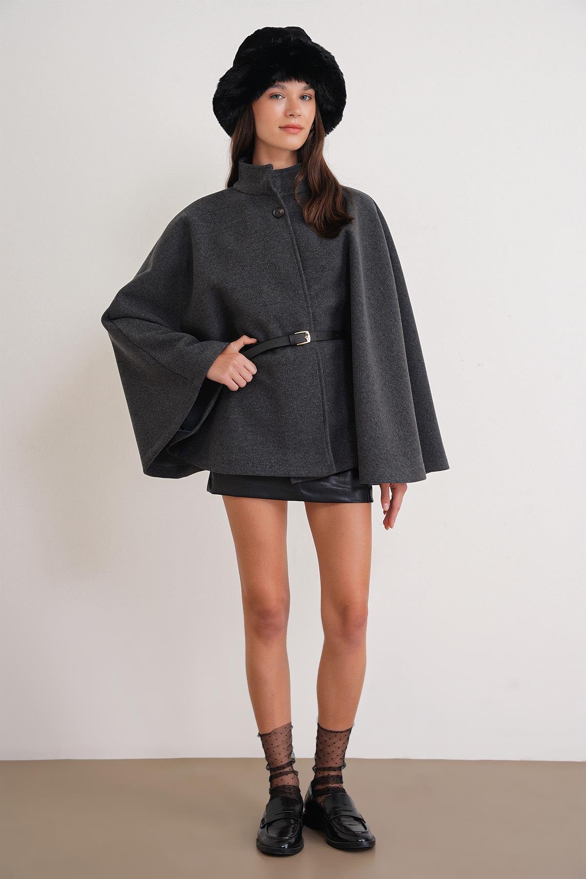 4768 Kadın Kemerli Panço Premium Kaşe Ceket Antrasit