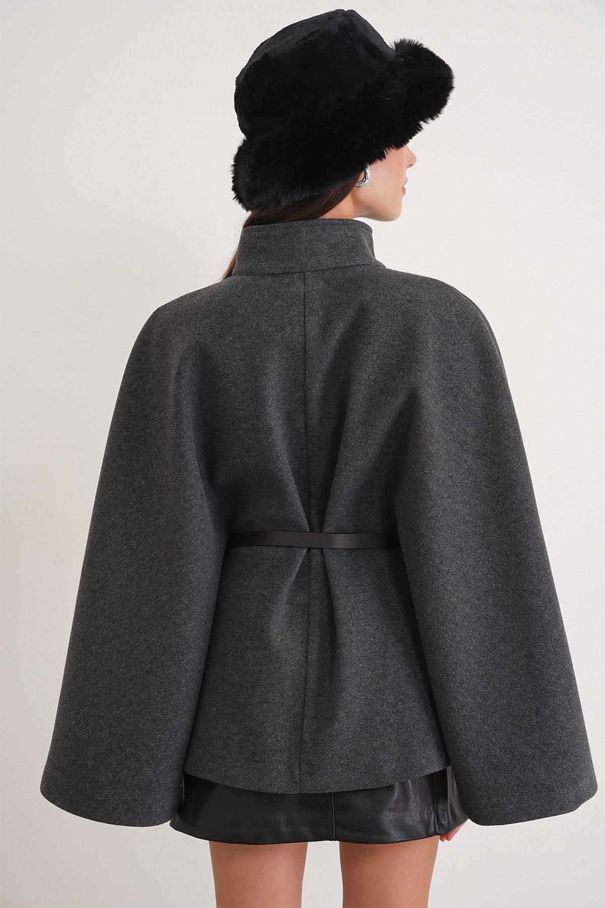4768 Kadın Kemerli Panço Premium Kaşe Ceket Antrasit